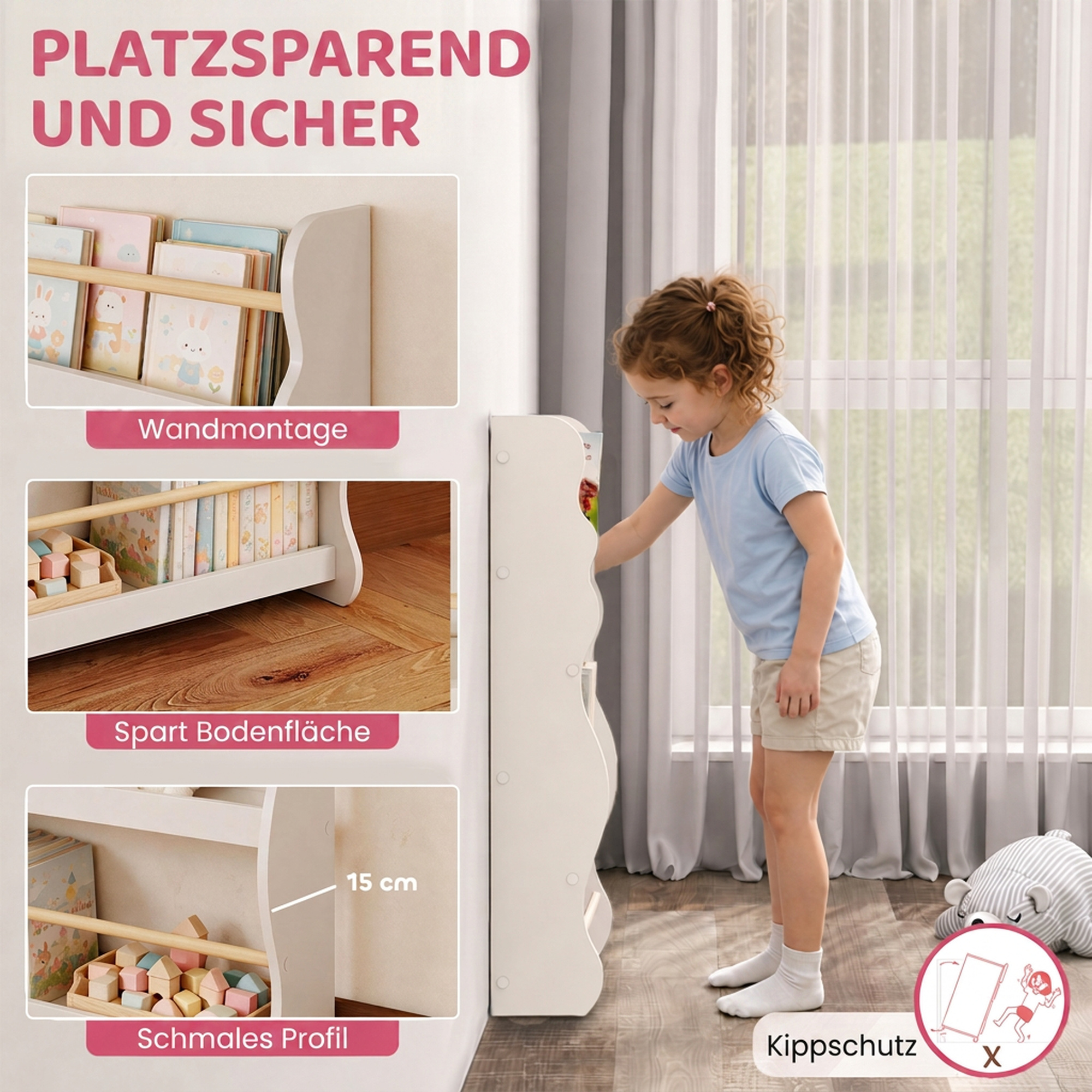 Bücherregal Kinder, Wandmontiert Kinderregal mit 3 Ebenen, Wandregal mit Kippschtz 60 x 15 x 73 cm Weiß