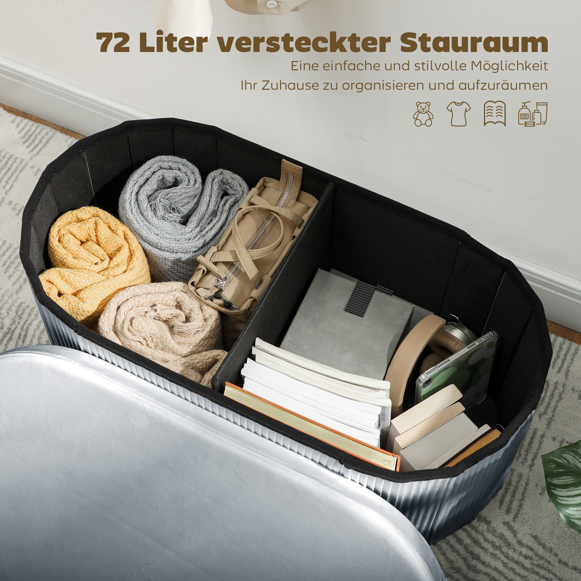 Sitzbank mit Stauraum Klappbar Polsterbank mit Samt-Optik für Wohnzimmer 76 x 38 x 35 cm Dunkelgrau