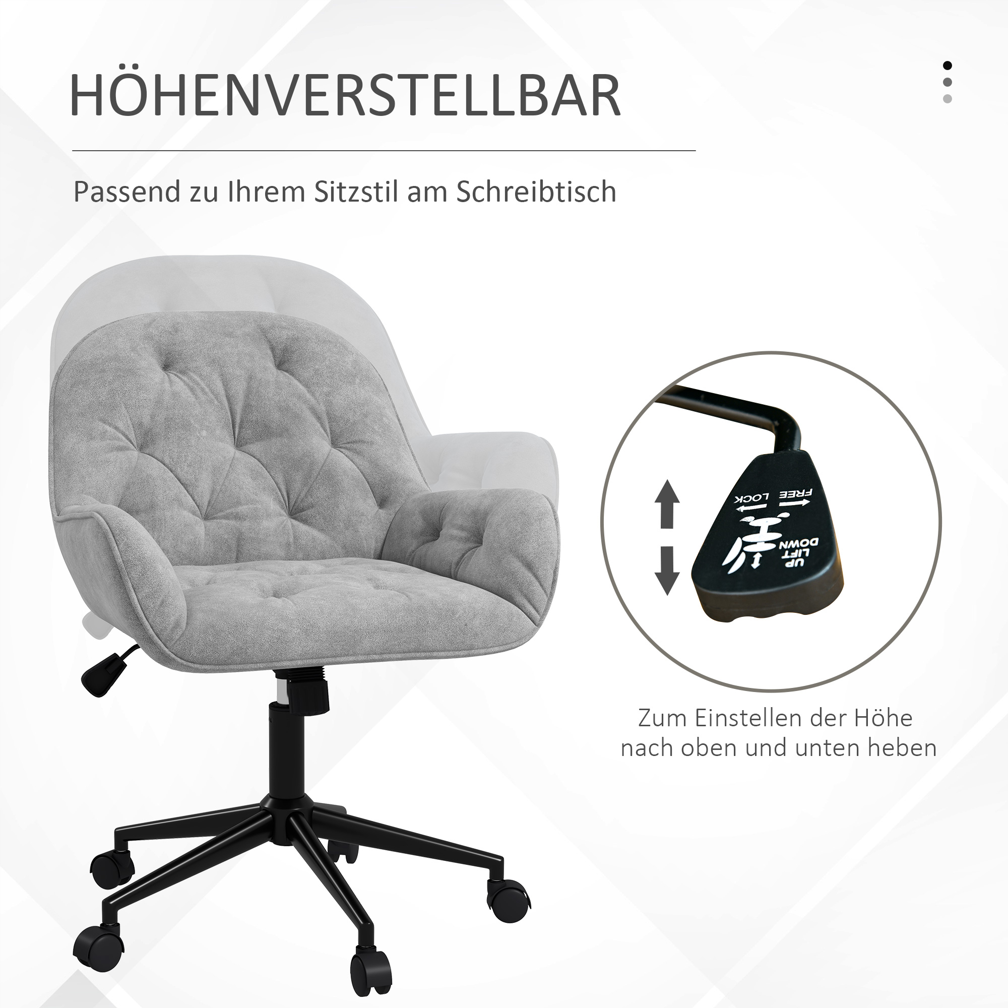 Bürostuhl Schreibtischstuhl Computerstuhl, höhenverstellbar, Samt-Optik, Grau