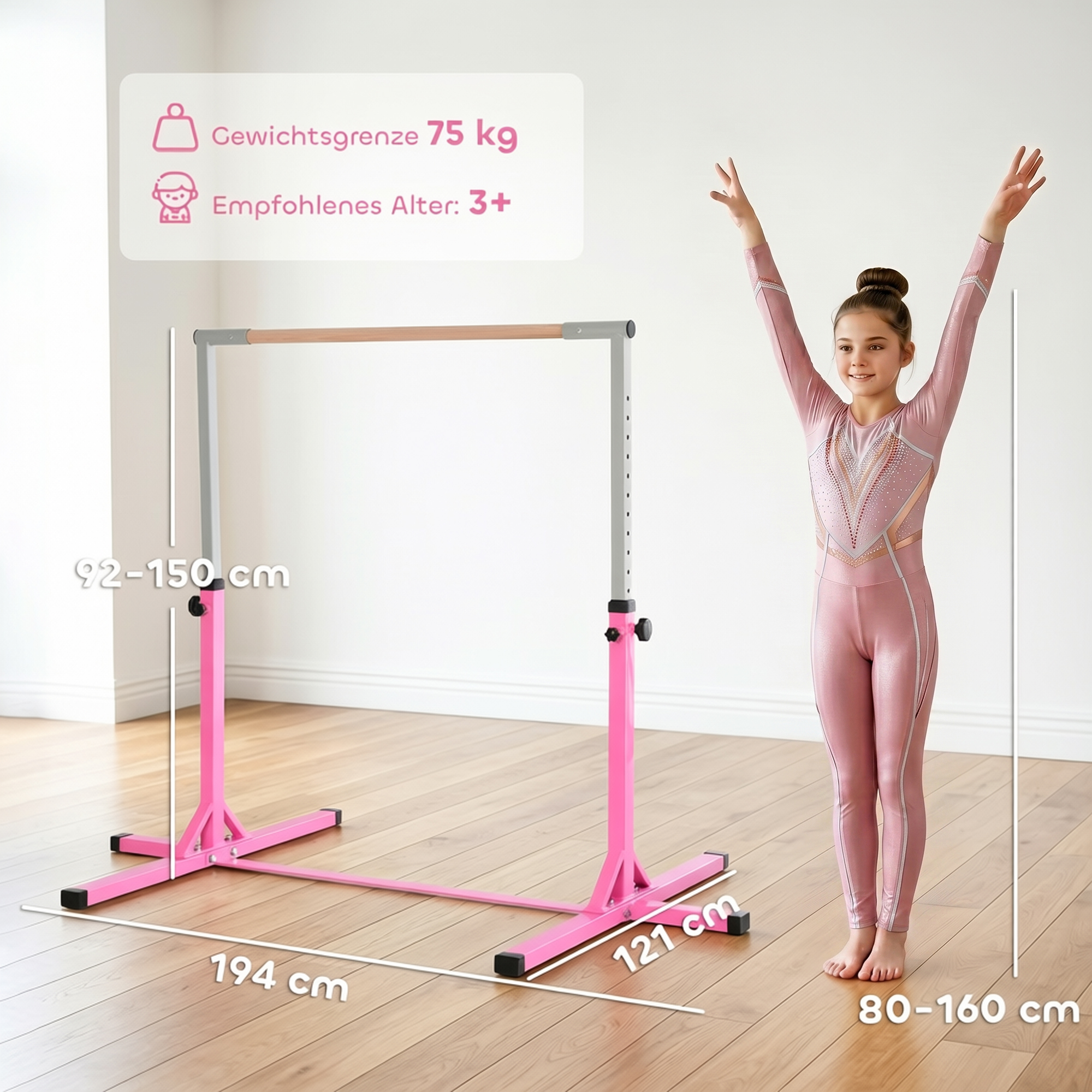 Gymnastikstange für Kinder, höhenverstellbar Turnreck Reckstange, Reck Turnstange für Indoor & Outdoor aus Holz & stabile Stahlkonstruktion bis 75 kg belastbar, für 3+ Kinder, Rosa