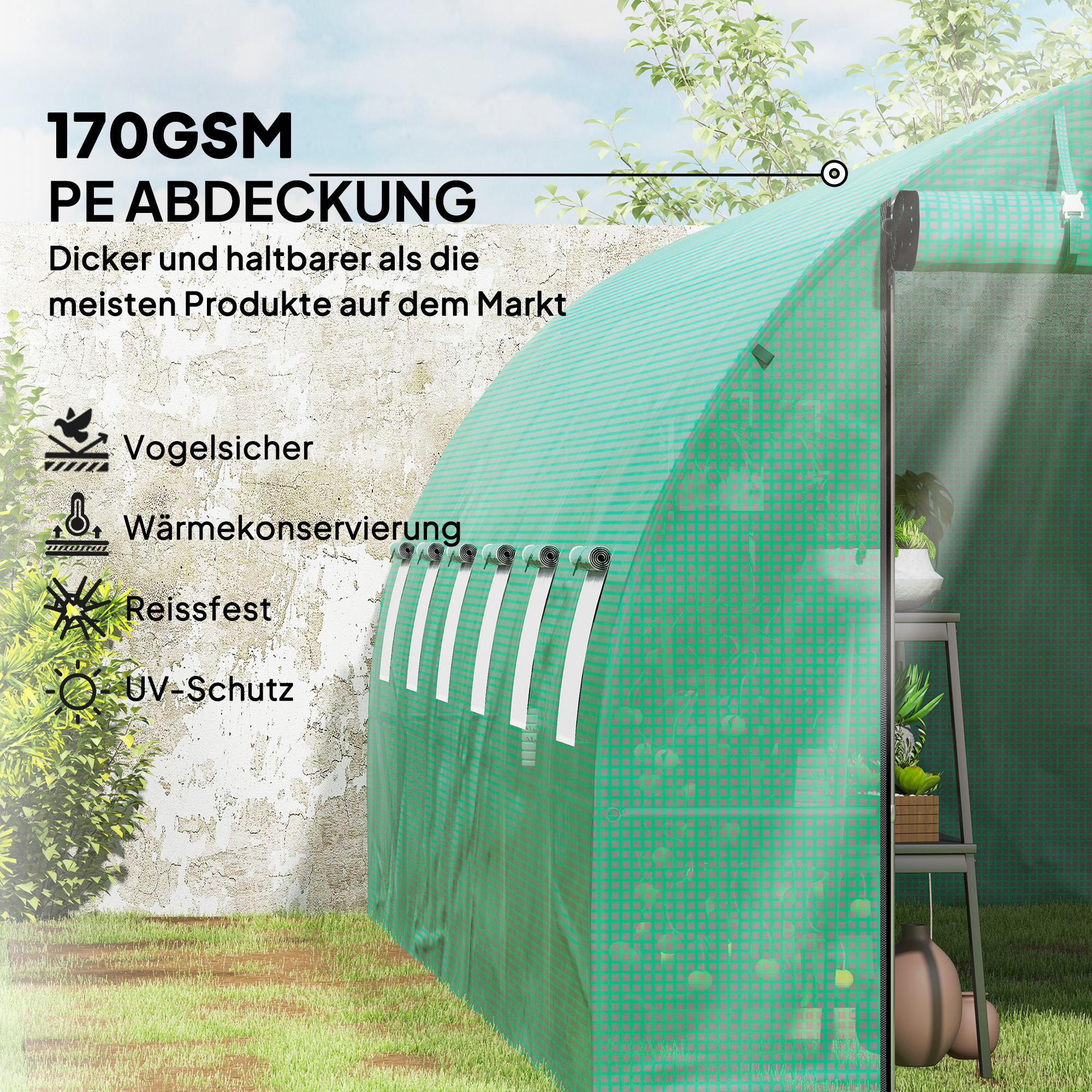 Polytunnel Gewächshaus mit Kunststoff-Abdeckung und Stahlrahmen, begehbares Gewächshauszelt mit Rolltüren, Grün