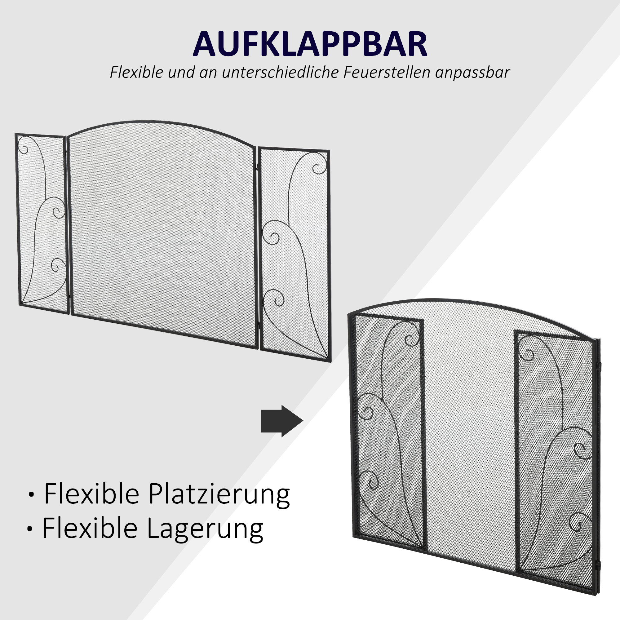 Funkenschutz für Kamine, 3 Paneele, klappbar, flexibel, Metall, schwarz, 132,5 x 76,5cm