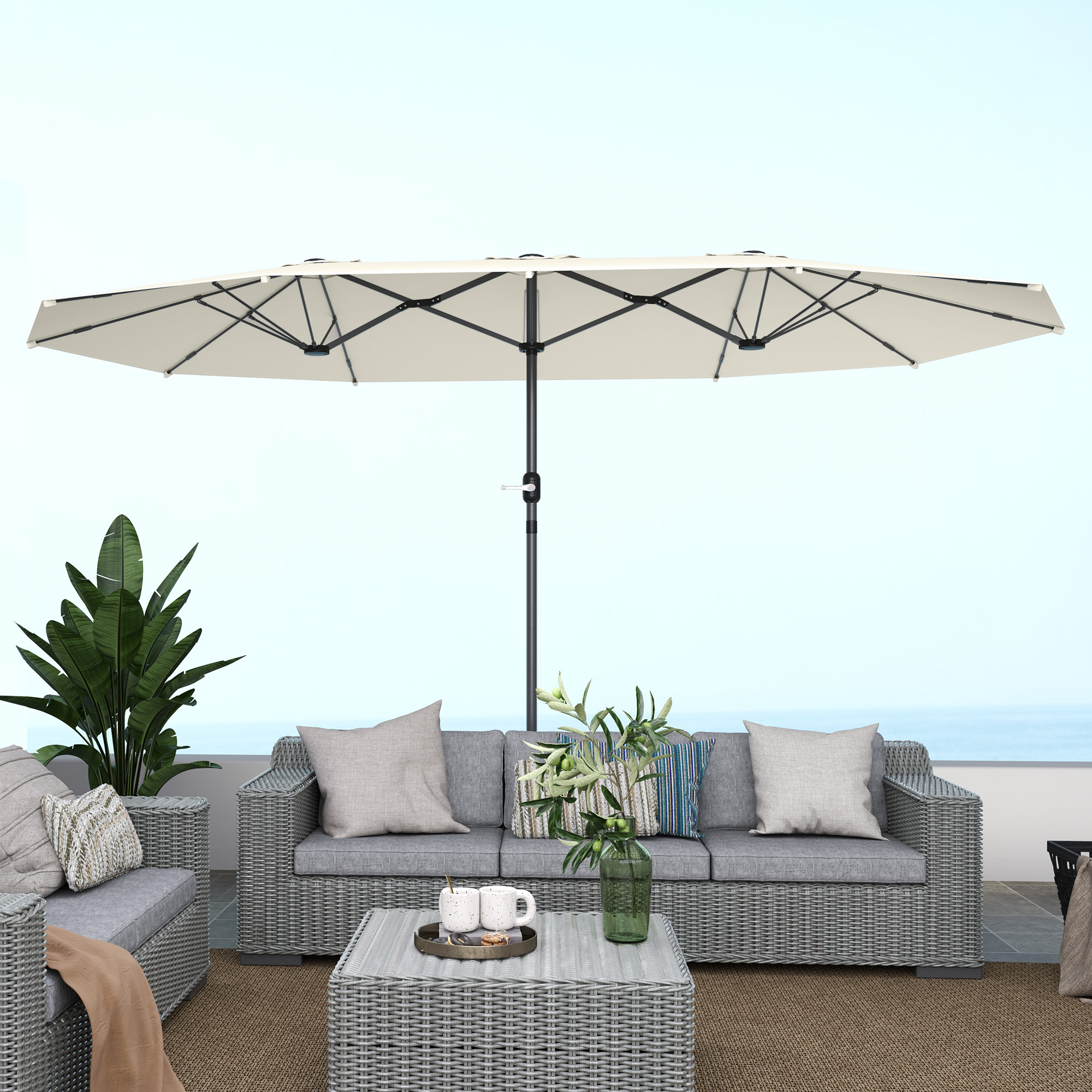 Doppelsonnenschirm 436 x 260 cm, UV Schutz Stahl Sonnenschirm mit Handkurbel, oval Beige