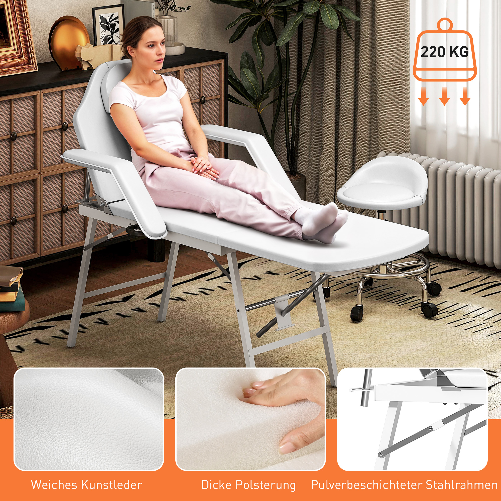 Tragbarer Massagetisch, Klappbare Massageliege mit Kunstleder-Bezug, Schaumstoff-Polsterung, Stahlrahmen, Weiß