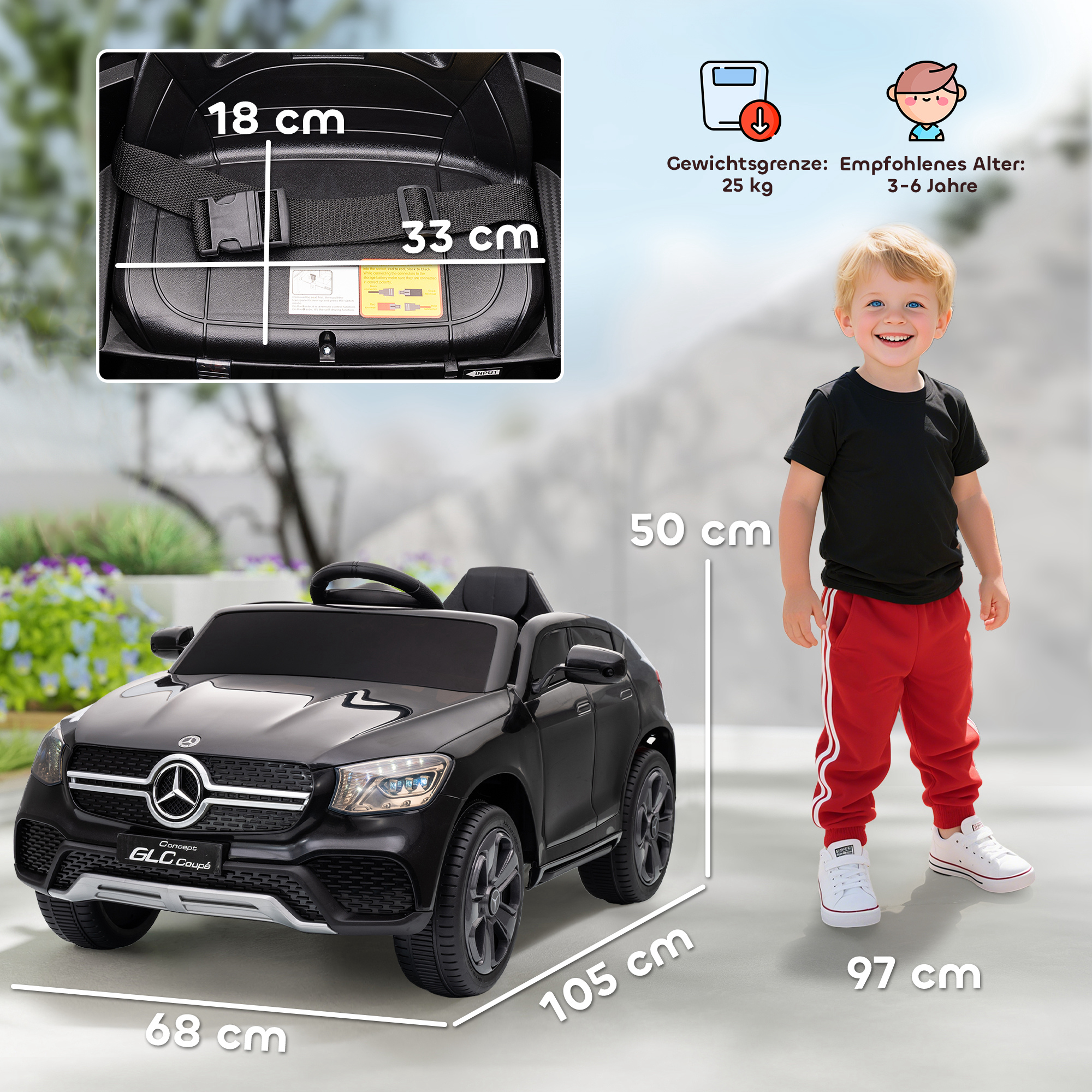 Elektroauto für Kinder, 12V Kinderauto mit Fernbedienung, LED-Lichter, Musik, 3 Geschwindigkeiten, 3-6 Jahre, Schwarz