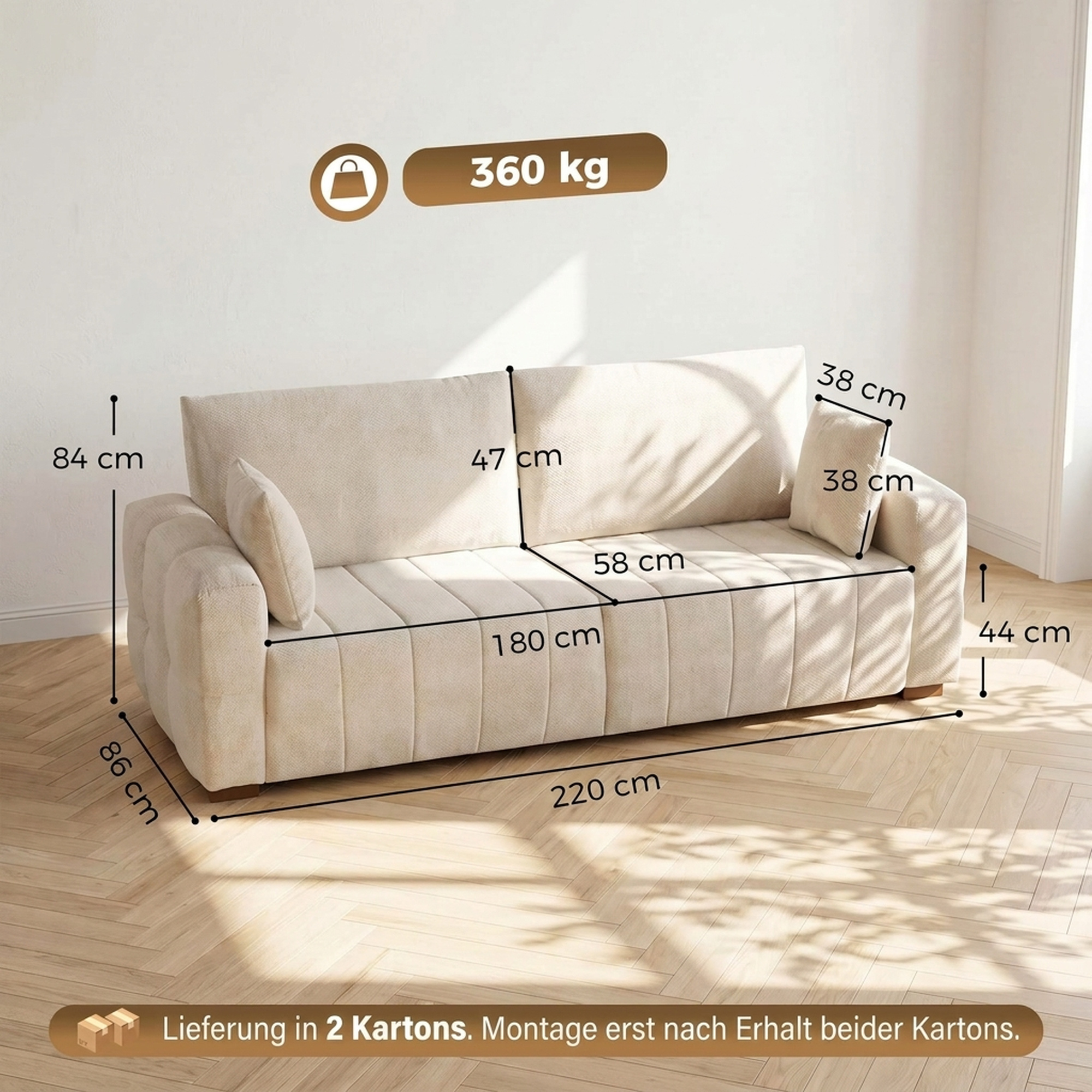 3-Sitzer Sofa mit bodentiefen Armlehnen gepolsterte Wohnzimmercouch Holzbeine Cremeweiß