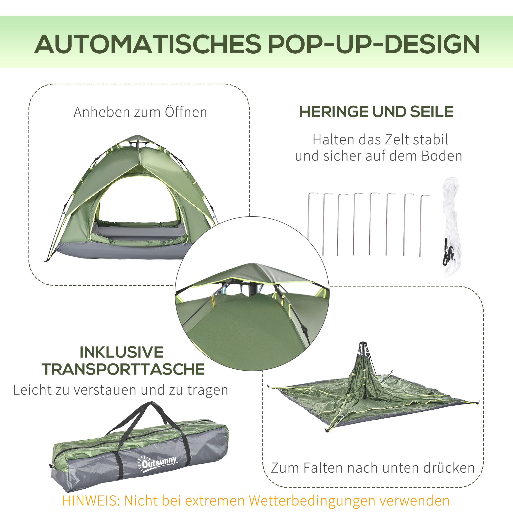 Doppelzelt Campingzelt Outdoorzelt Familienzelt Quick-Up-Zelt 2 Erwachsene + 1 Kind 4 Jahreszeiten wasserdicht Tragetasche 2 Türen Polyester + Glasfaser Dunkelgrün 210 x 210 x 140 cm
