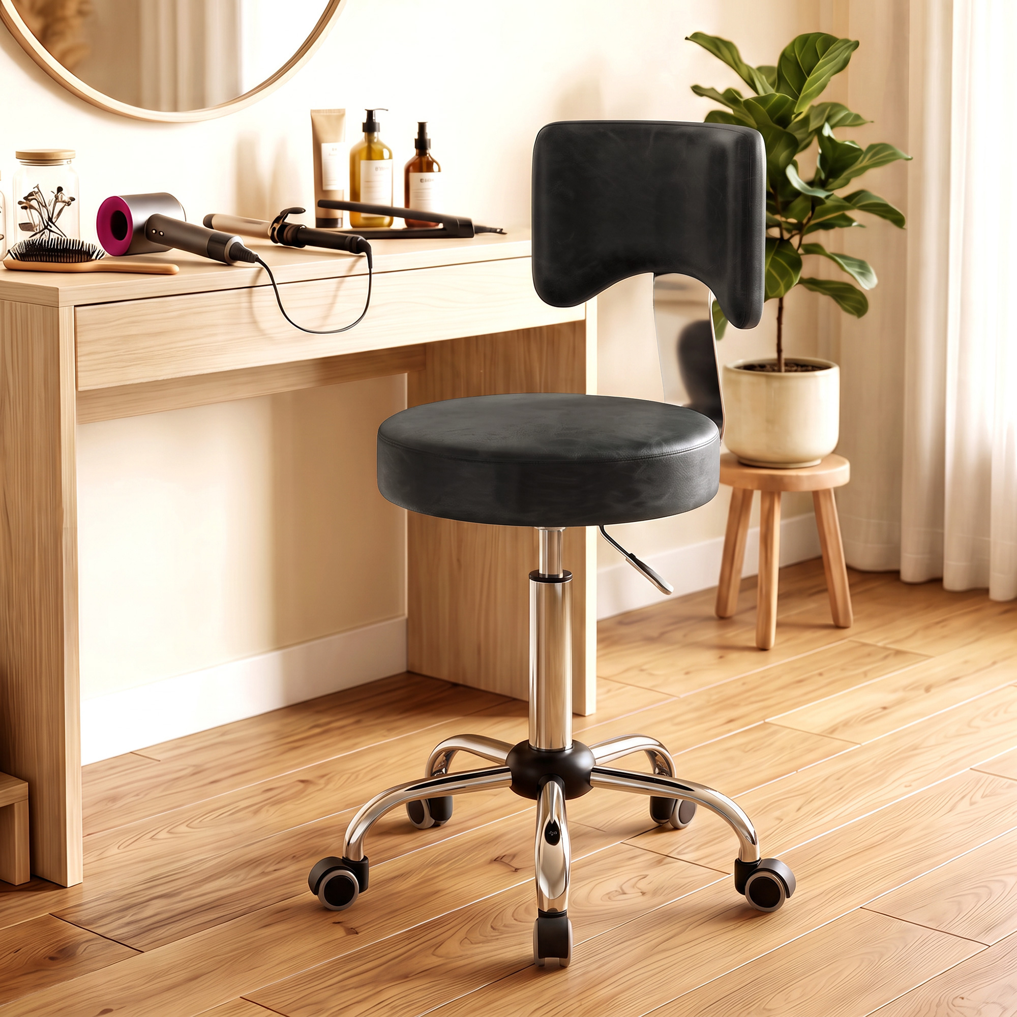 Rollhocker, höhenverstellbarer Salonstuhl aus PU-Leder mit Polstersitz, Rückenlehne und Rollen, Schwarz