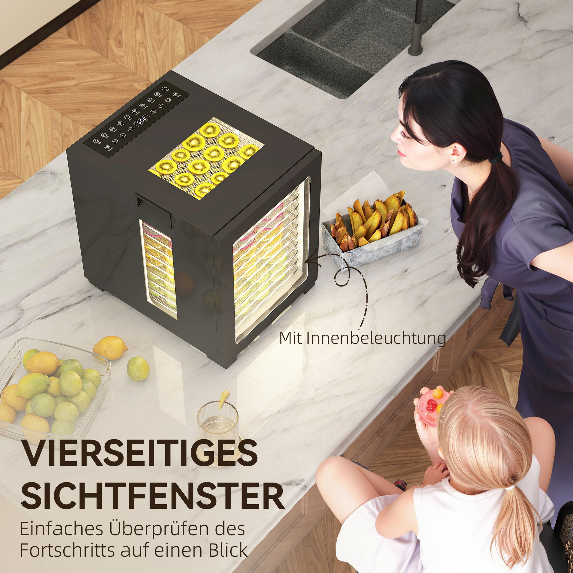 Dörrautomat Dörrgerät, 850 W, 40-70°C Temperaturregler, 48 Std. Timer, 12 Einlegefächer Edelstahl Schwarz