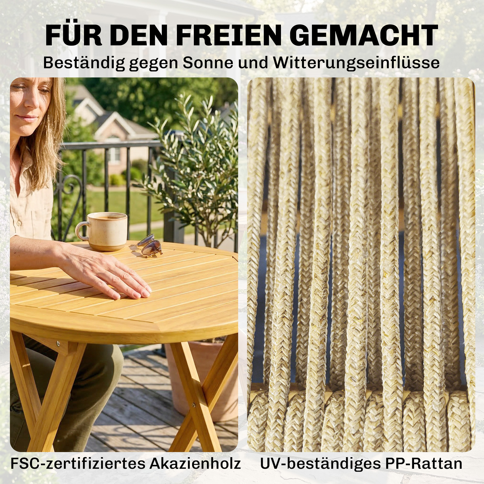 Balkonmöbel Set 3 teilig Polyrattan Holz klappbar Gartenmöbel Set mit Tisch 2 Stühle, Atmungsaktiv