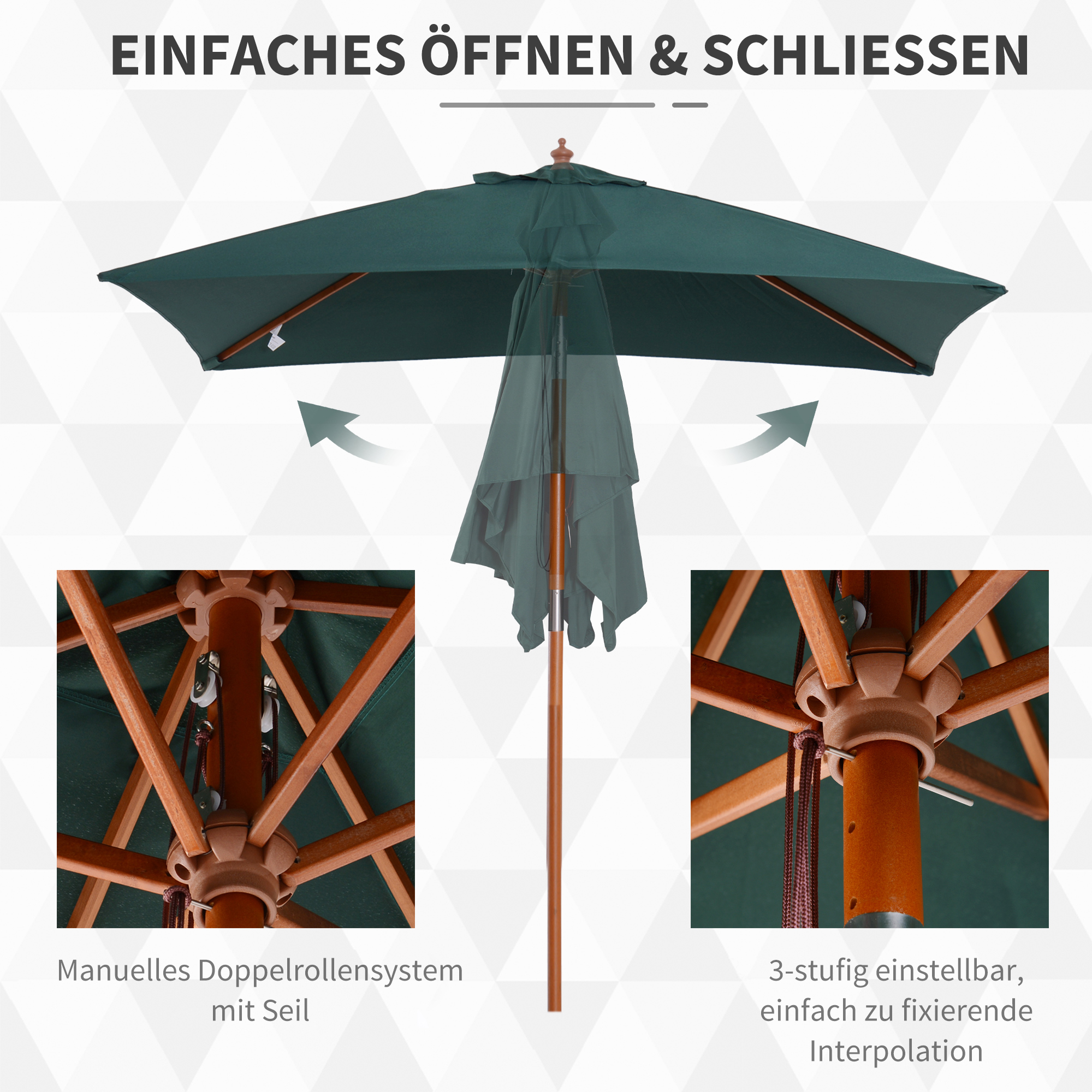 Sonnenschirm 200 x 150 x 235 cm Knickbarer Gartenschirm 3-stufig einstellbar rechteckig Strandschirm wasserabweisend und UV-beständig für Strand Balkon Terrasse Garten Grün