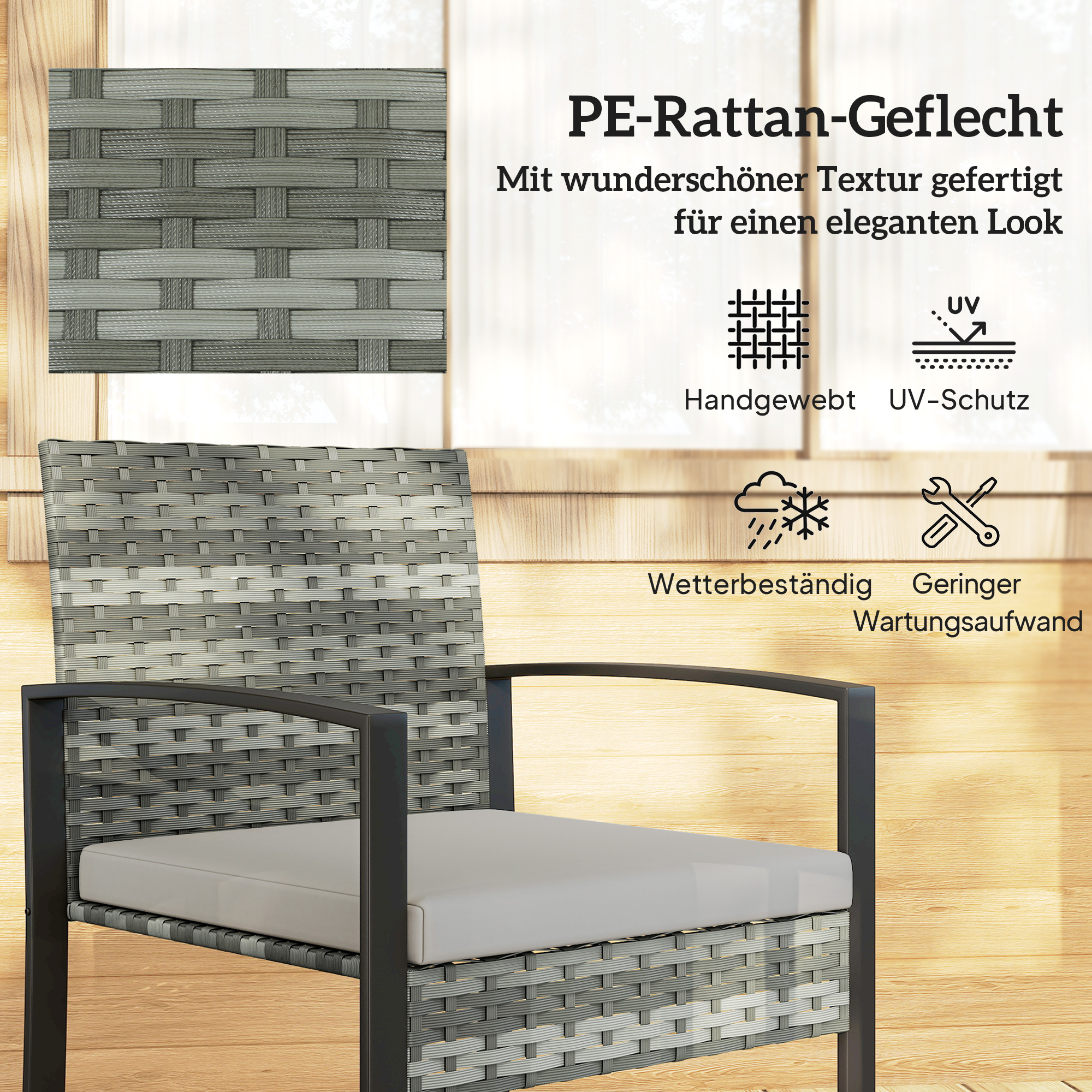 Rattan Bistroset, 3 teiliges Gartenmöbel-Set mit 2 Gartenstühlen, Couchtisch, abnehmbar Kissen Hellgrau