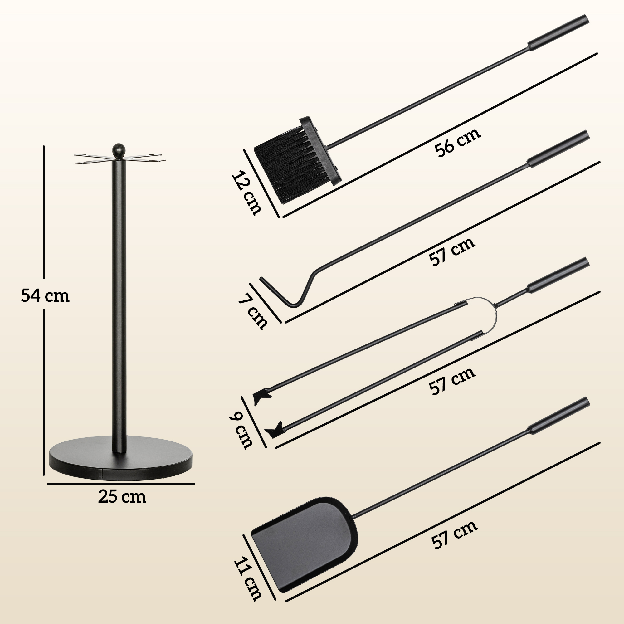 Kaminbesteck, 5-teilig, Besen, Schaufel, Zange, Schürhaken und Ständer, feuerfestes Metall, Schwarz