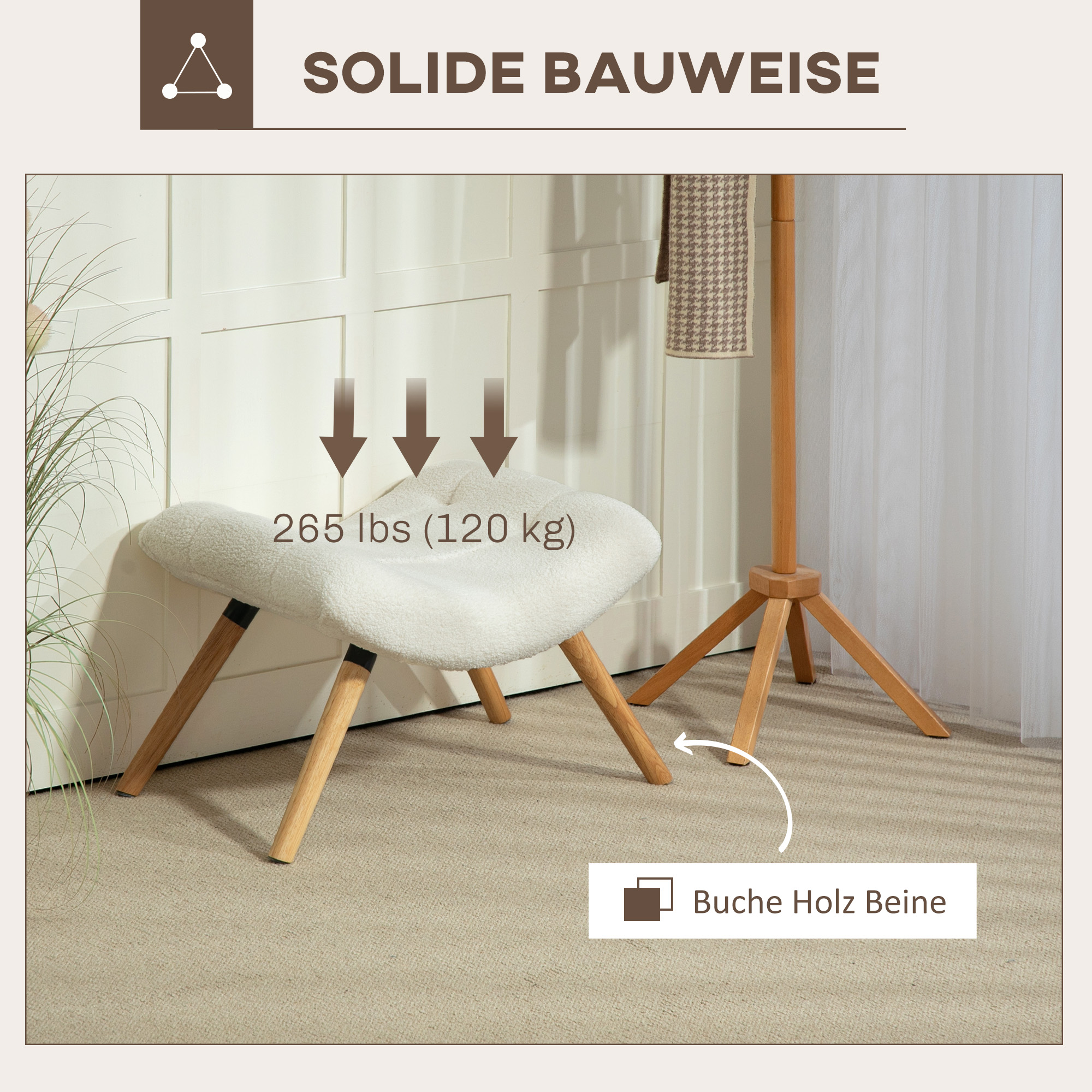Moderner Fußhocker mit Fleece-Bezug und Holzbeinen, gepolstert, für Wohnzimmer, Schlafzimmer, Flur, Cremeweiß