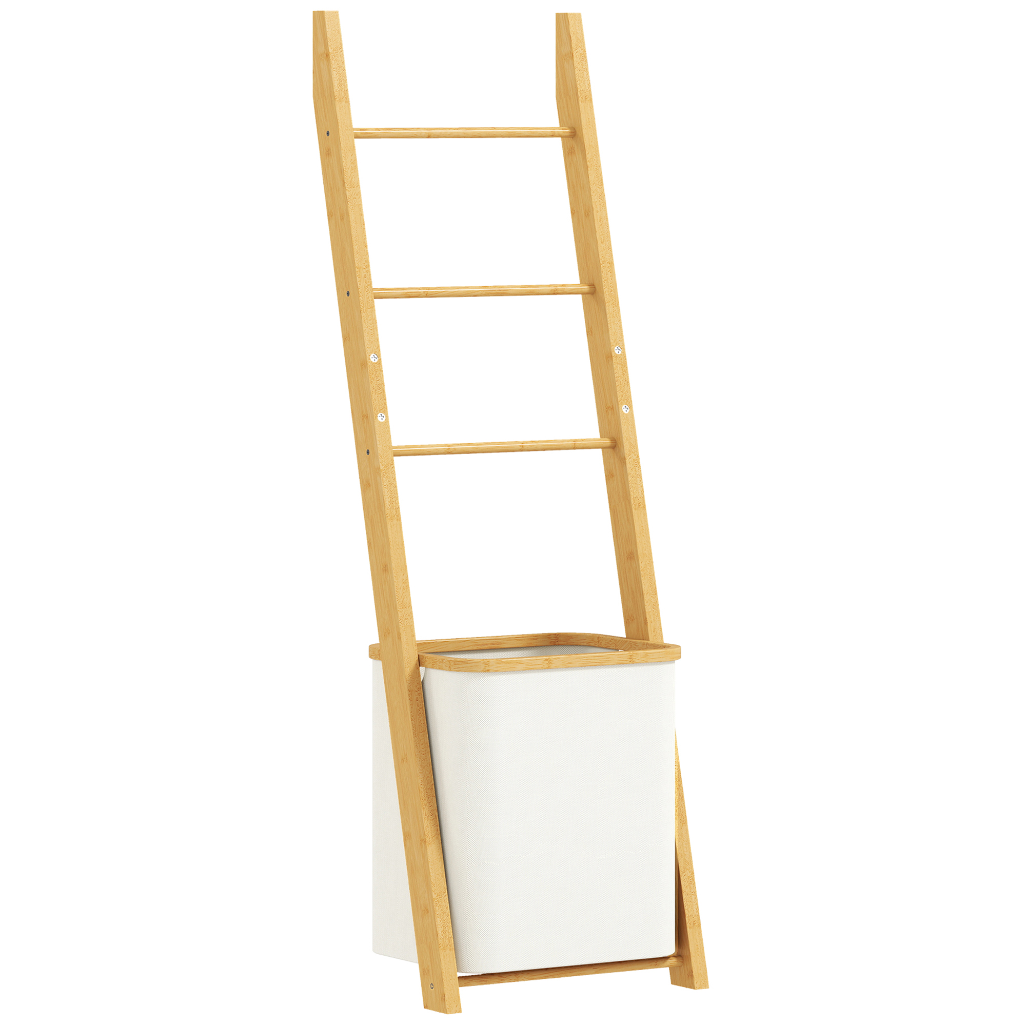 Badregal, 2-in-1 Badezimmerregal mit 3 Stangen, abnehmbarer 48L-Wäschekorb, Bambus, 43 x 35 x 133 cm, Cremeweiß
