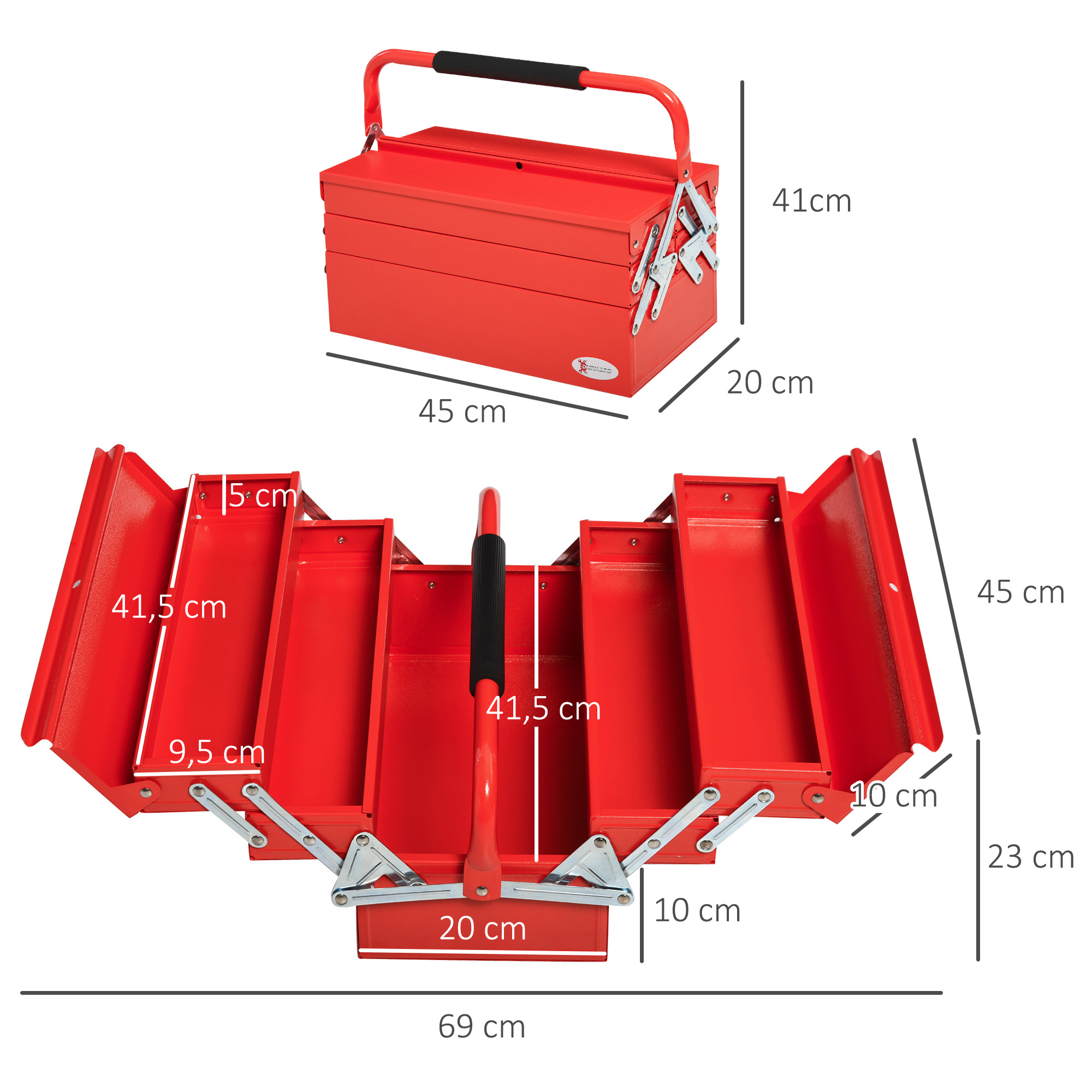 Werkzeugkasten Werkzeugkoffer mit 5 Fächern 45 x 20 x 34,5cm Stahl Rot