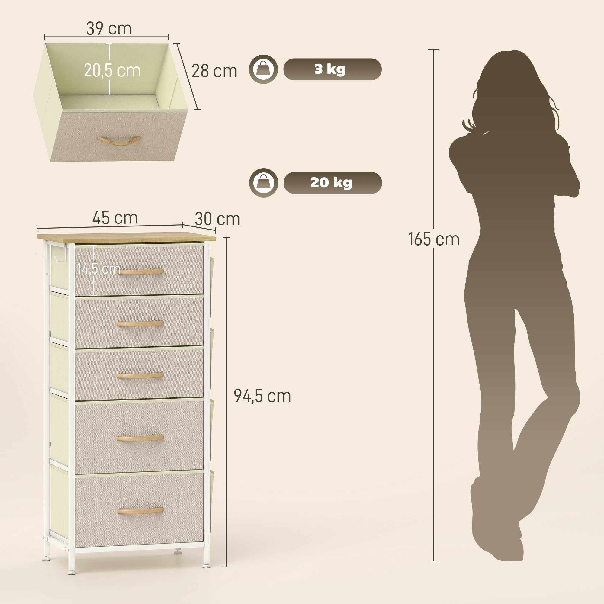 Schlafzimmer-Kommode mit 5 Stoffschubladen, Stahlstreben, Holzoberfläche, 4 Aufbewahrungstaschen, 2 Haken, Beige