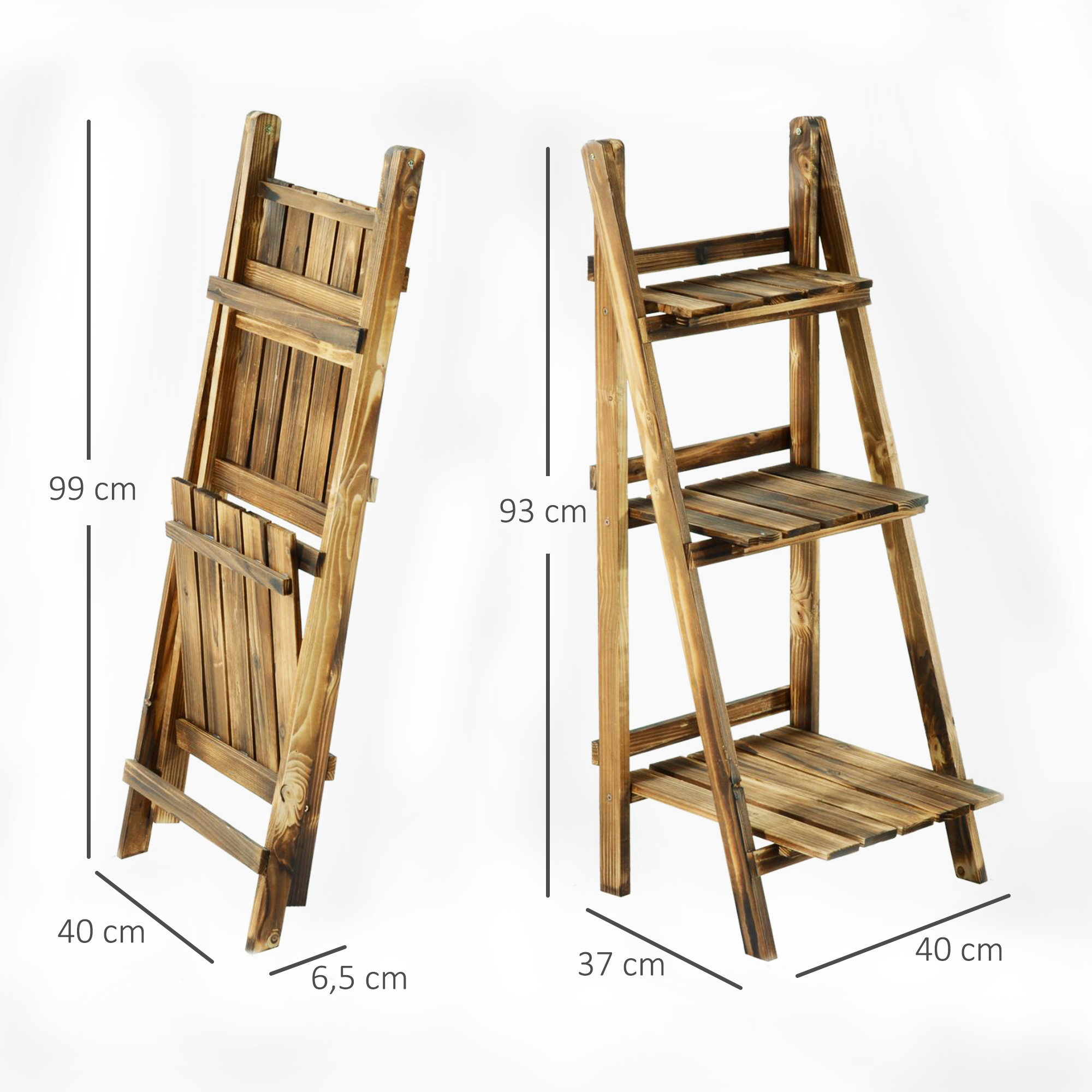 3-Etagen Pflanzenständer, klappbarer 93 cm hoch Blumenständer für Innen Außen, Pflanzenregal aus Holz, Blumentopfständer mit Tabletts, Blumentreppe für Wohnzimmer, Garten Balkon, Dunkelbraun
