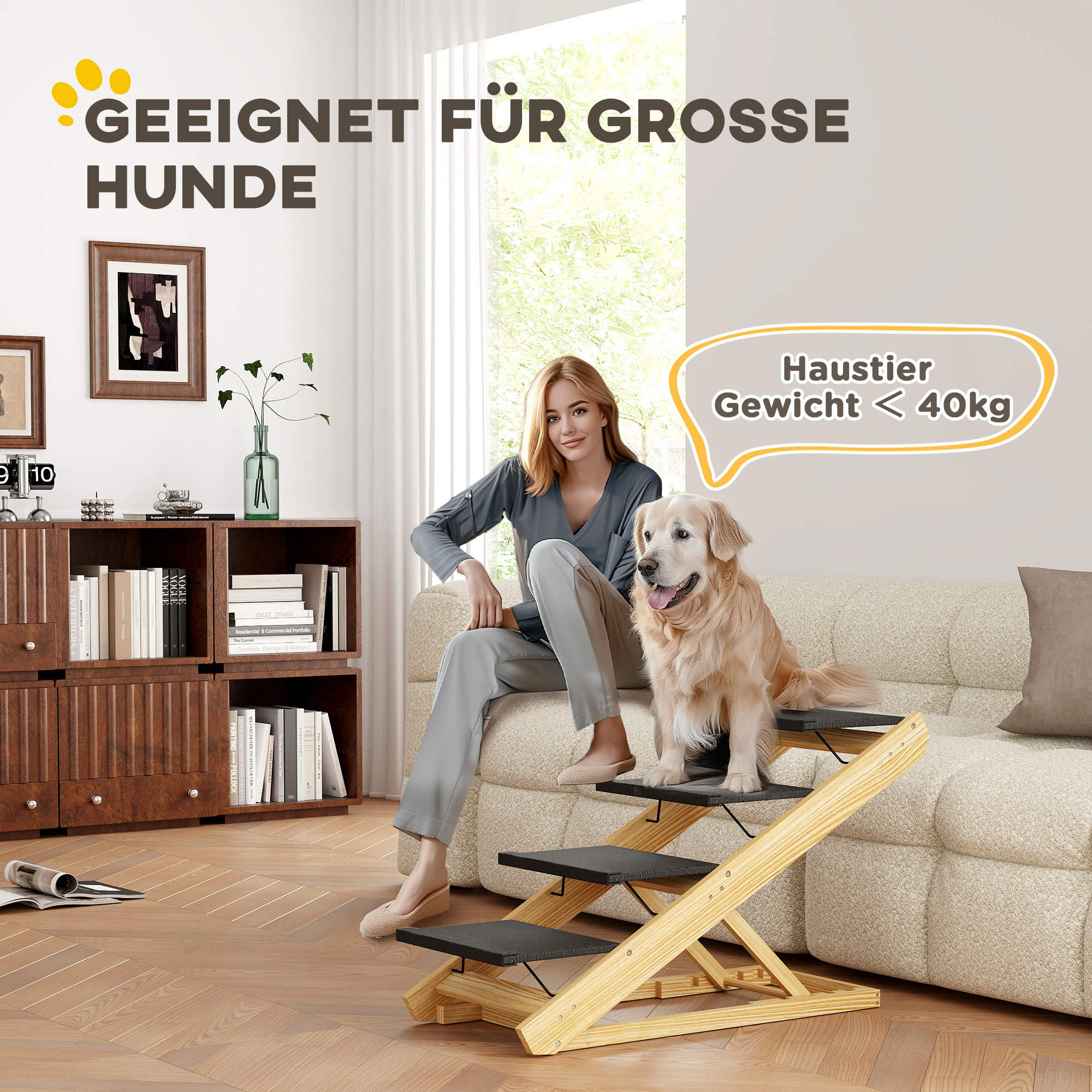 Hundetreppe, Hunderampe, höhenverstellbar, rutschfest, faltbar, 83x40x62,5 cm, Holz/Weiß