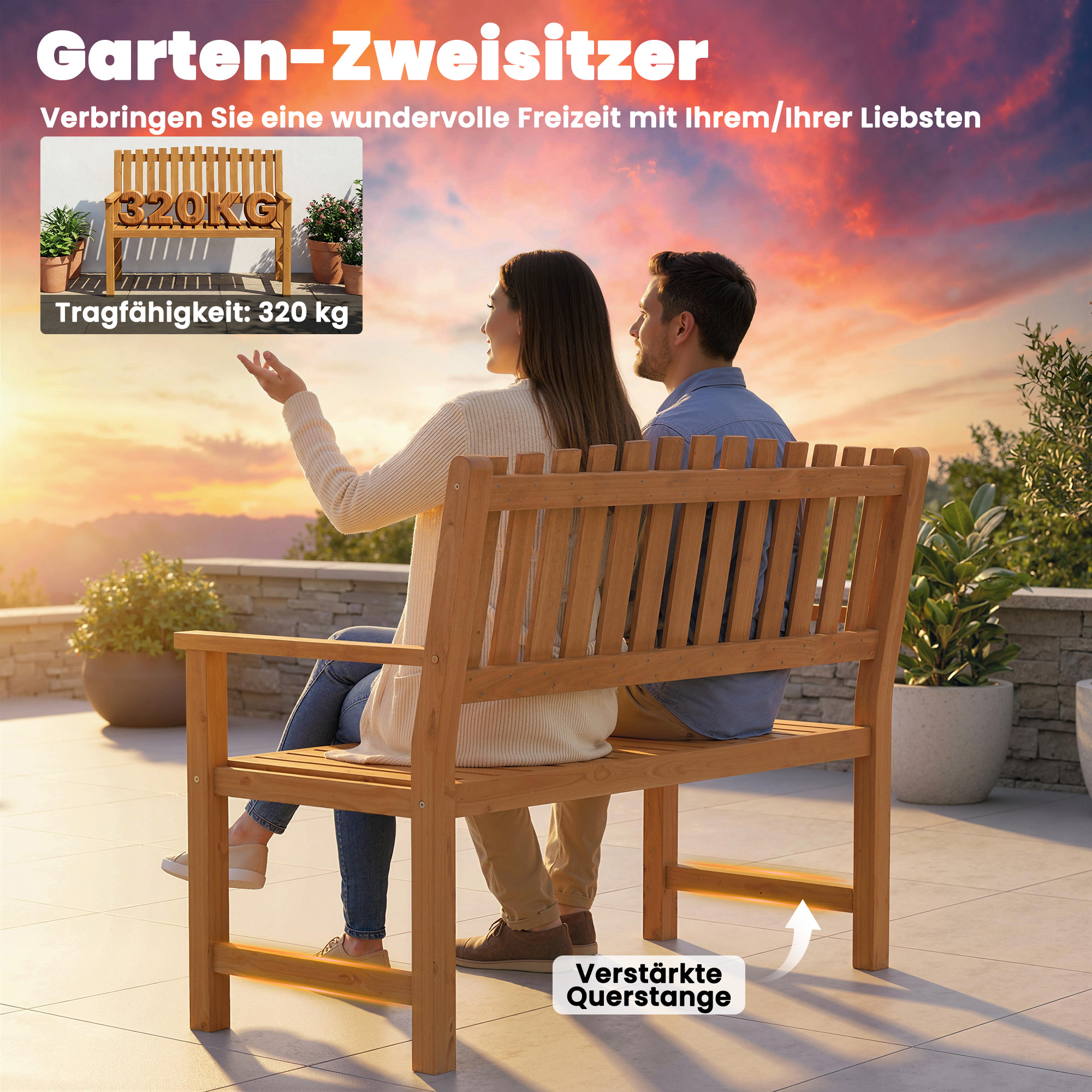 Gartenbank 2-Sitzer Wetterfest Holzbank mit Lamelldesign Armlehnen, Holz Sitzbank bis 320 kg 112 x 64 x 92 cm Naturholz