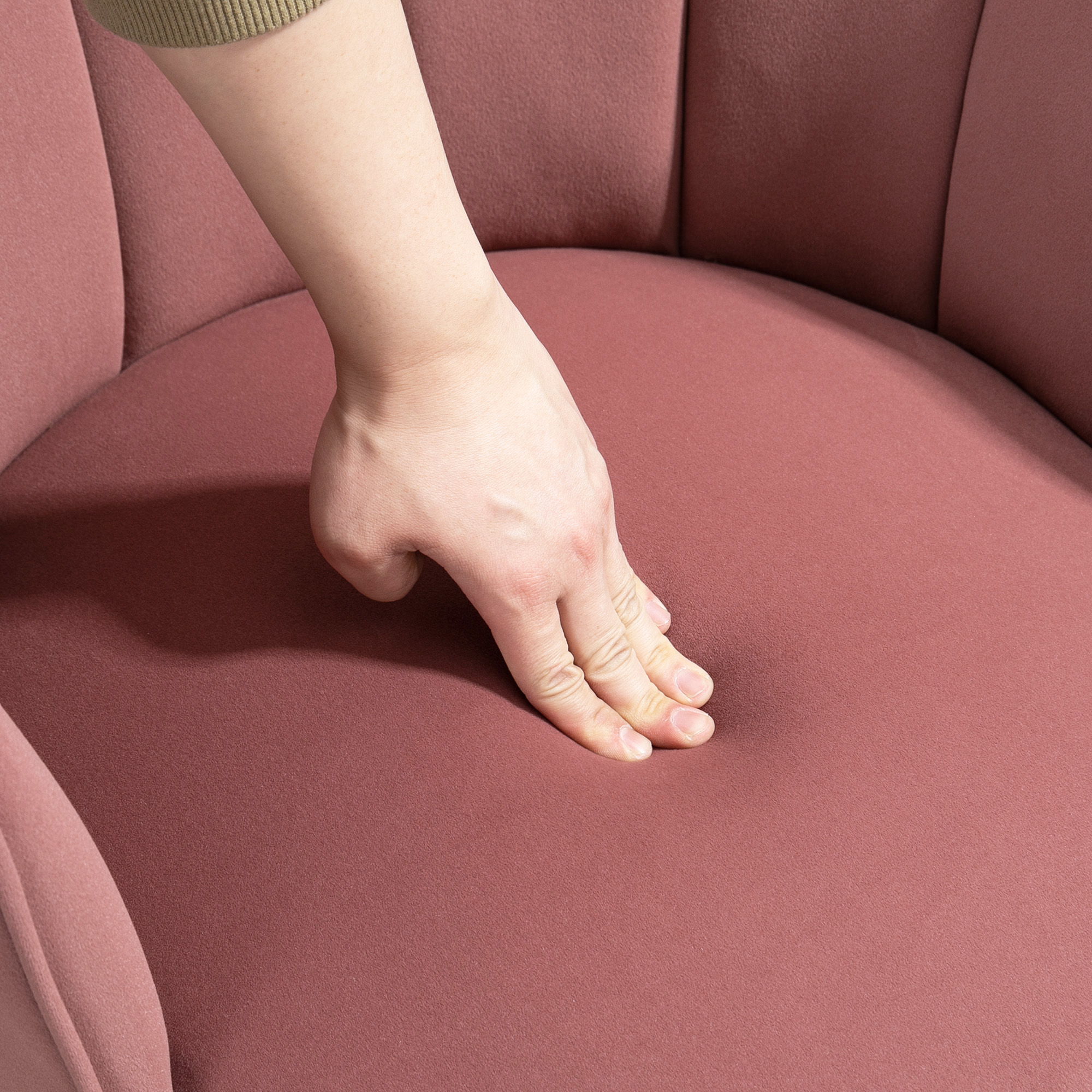 Sessel Wohnzimmer Loungesessel in Muschelform Relaxsessel mit Holzbeine, Polstersessel Lesesessel mit Samtoptik, Polsterstuhl für Schlafzimmer Rosa