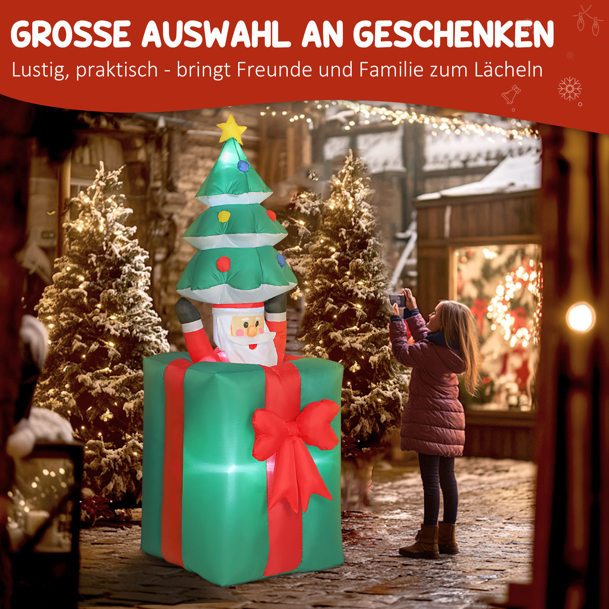 Aufblasbare Weihnachtsdekoration mit LED-Lichtern, Polyester, für drinnen und draußen, Rot+Grün