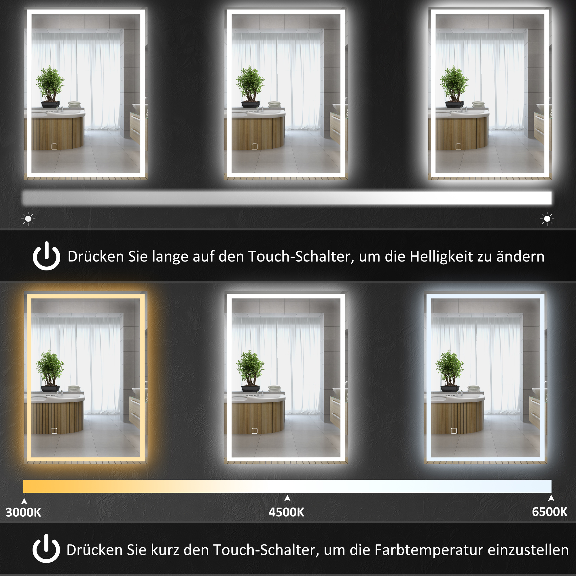 Badspiegel Badezimmerspiegel Wandspiegel LED´s. Berührungsschalter, Weiß