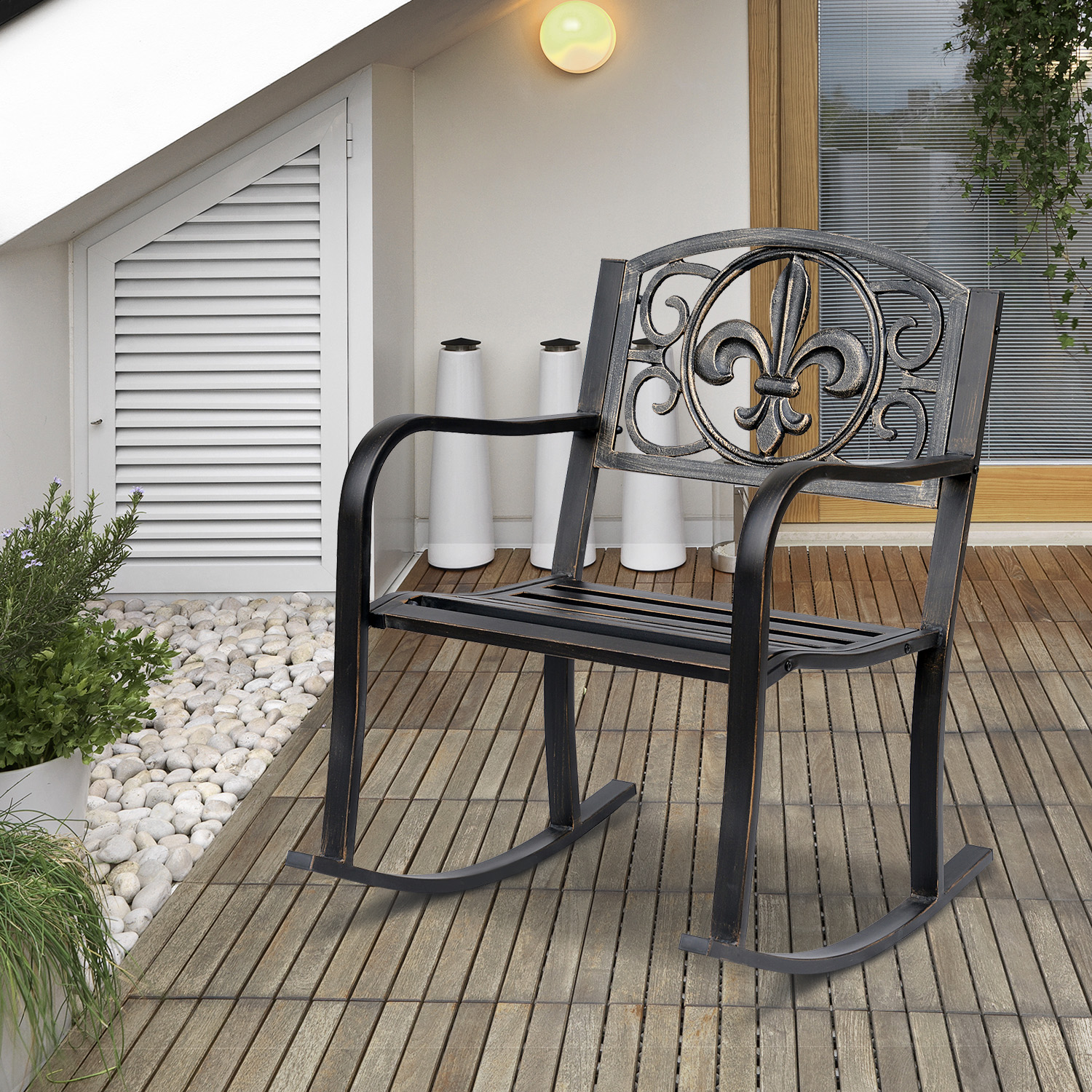 Schaukelstuhl Gartenstuhl Schwingsessel antik Garten Metall Bronze B60 x T73 x H85cm