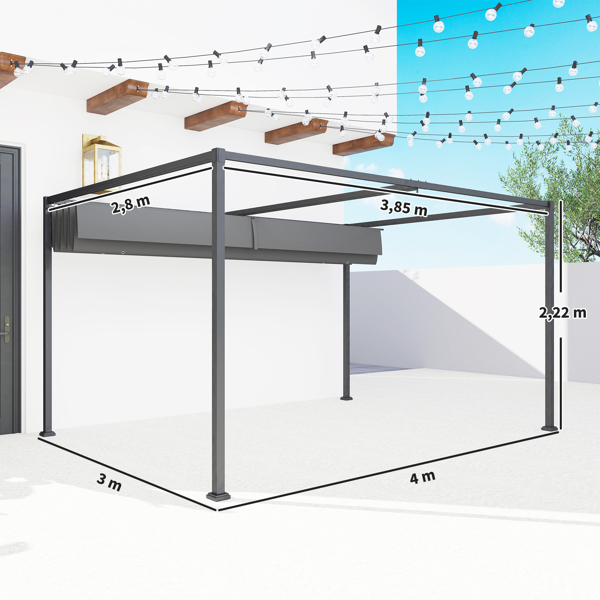 Pergola, Robuster Sonnenschutz für Garten, Balkon, Terrasse, aus Metall und Kunststoff, UV- und wasserabweisend, Dunkelgrau