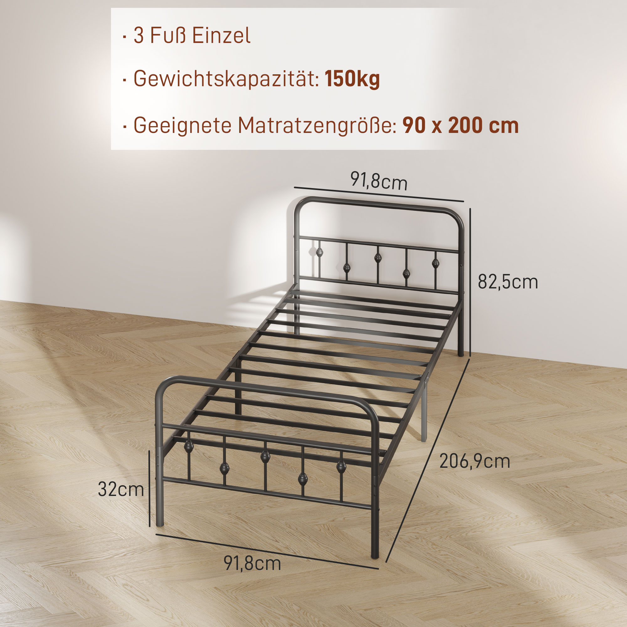 Einzelbettgestell aus Metall, Leichte Montage, mit geräuschreduzierenden Gummikits, Schwarz