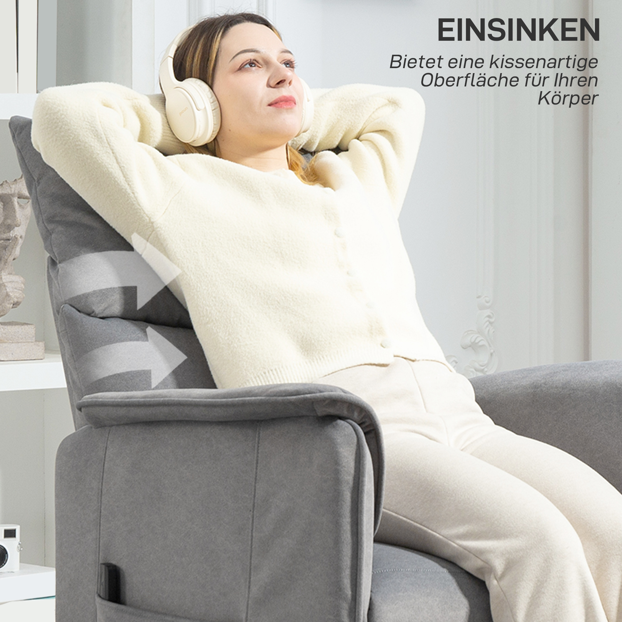 Relaxsessel mit leisem Motor, Polstersessel mit robusten Stoffbezug, Memory-Funktion, anpassbare Fußstütze, Grau