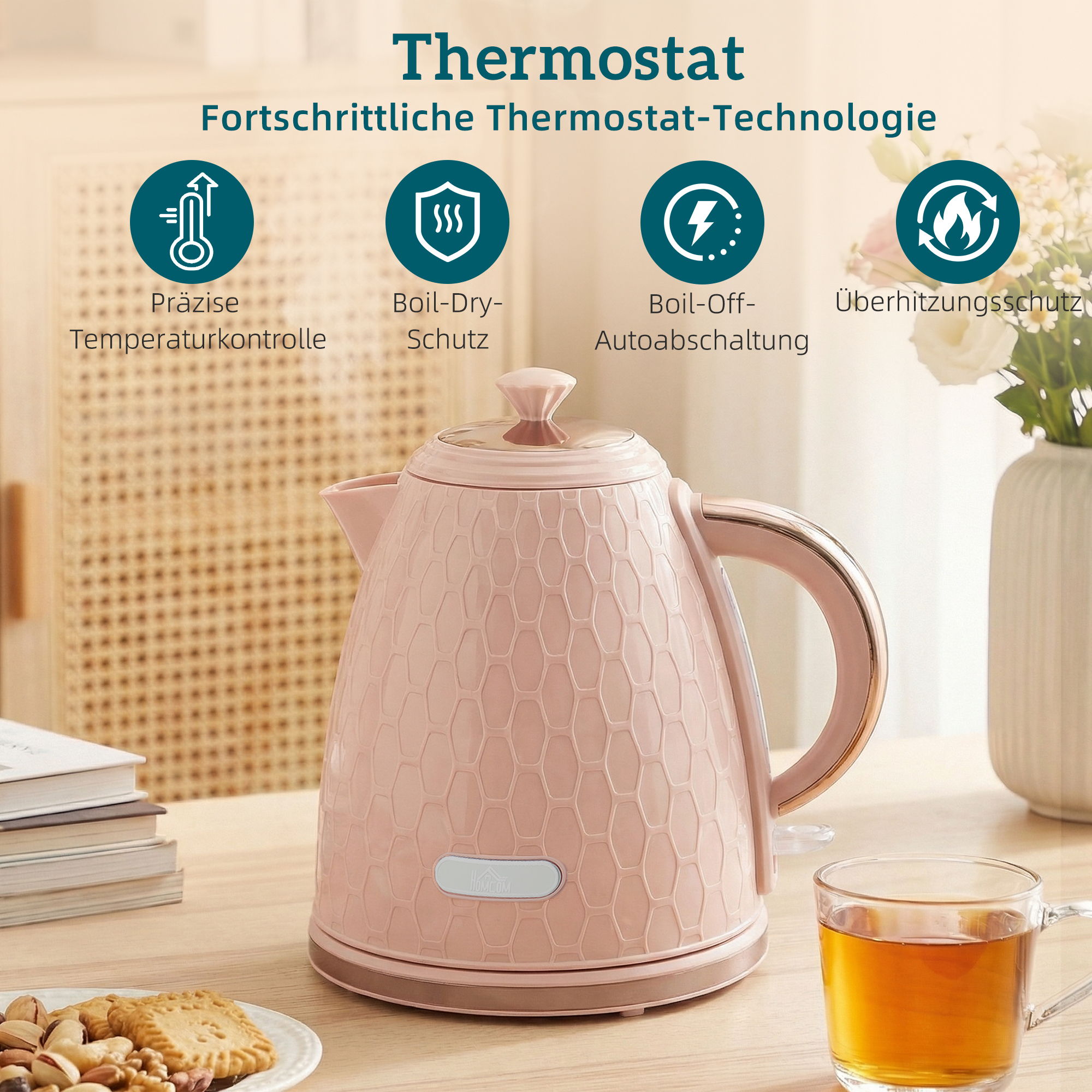 Wasserkocher- und Toaster-Set, 1,7L 2200W Schnellkoch-Wasserkocher mit automatischer Abschaltung und 2-Scheiben-Toaster mit Krümelschublade, Rosa
