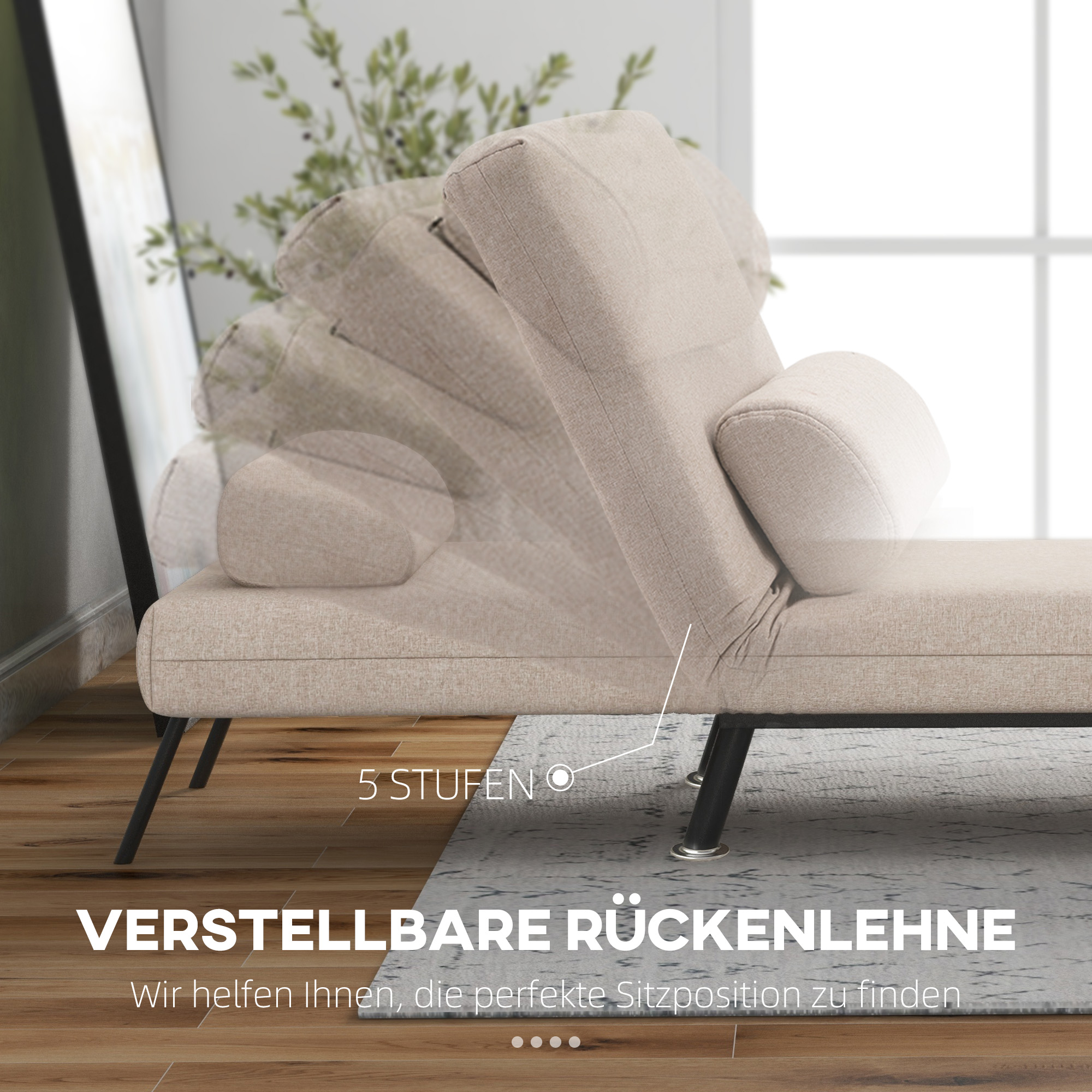 Klappsessel mit Bettfunktion, klappbarer Relaxsessel in Leinenoptik, Verstellbare Rückenlehne, 75 x 70 x 75 cm, Beige