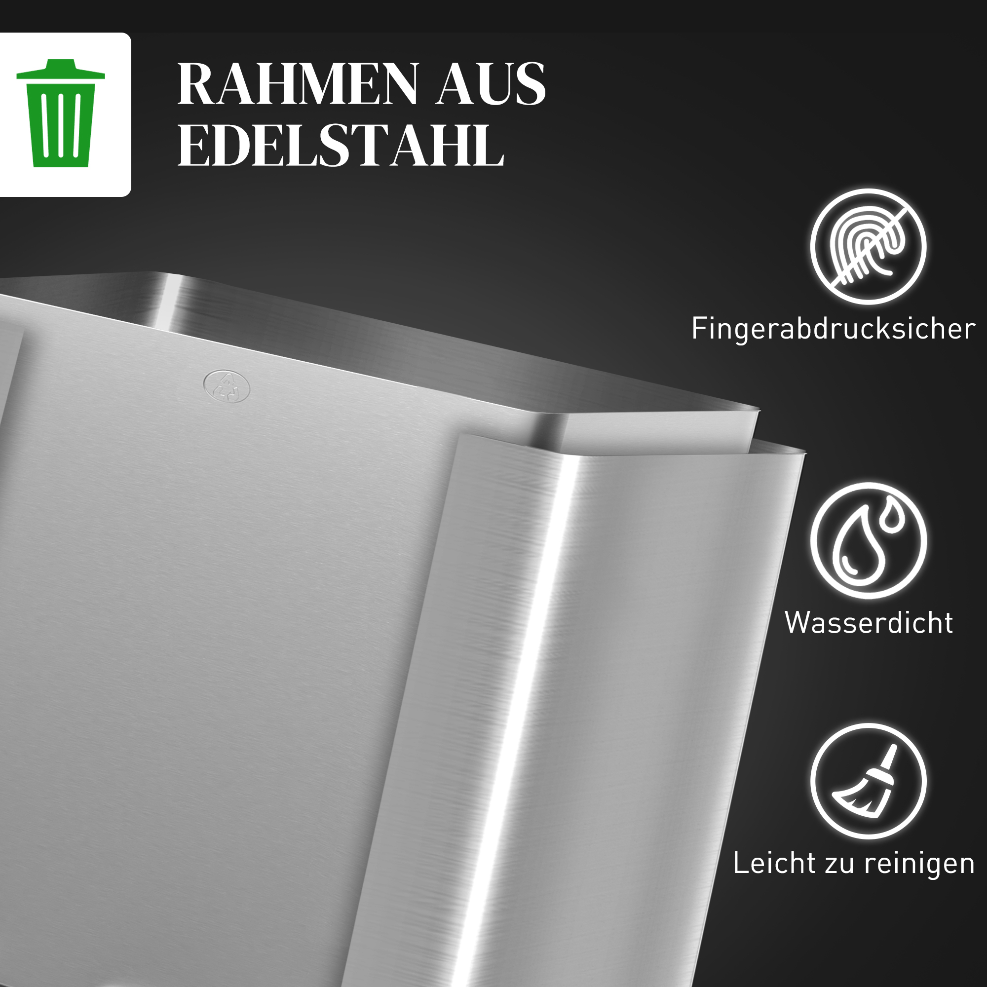 Mülleimer mit 3 x 20 L Fächern, Deodorant-Deckel, fingerabdrucksicher, Soft-Close, herausnehmbar, Silber