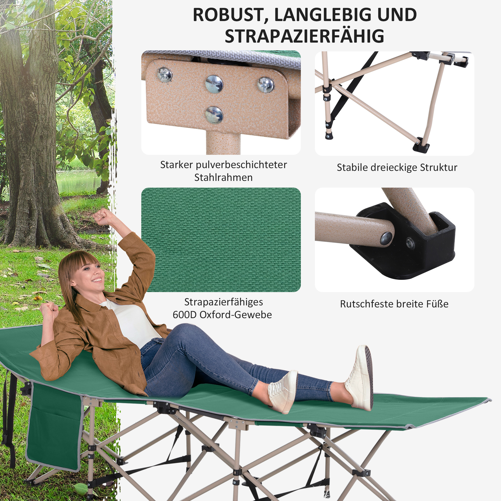 Feldbett, Camping-Bett, klappbar, wetterbeständig, ink. Tragetasche, 190 cm x 68 cm x 52 cm, Grün + Beige