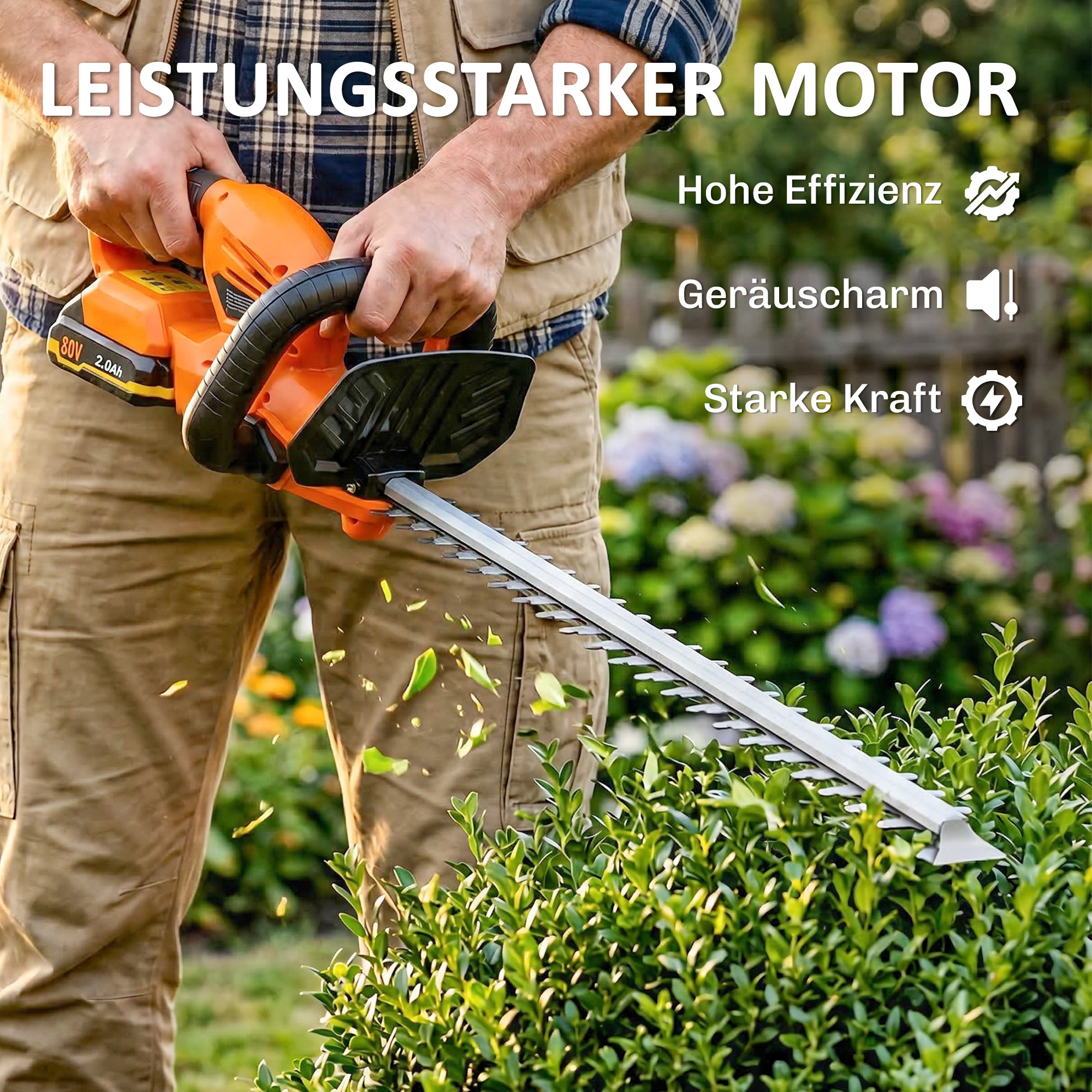 Elektro Heckenschere Akku Elektrischer Heckenschneider mit 100 W Motorleistung Kabellos 51cm Schnittlänge ABS Orange