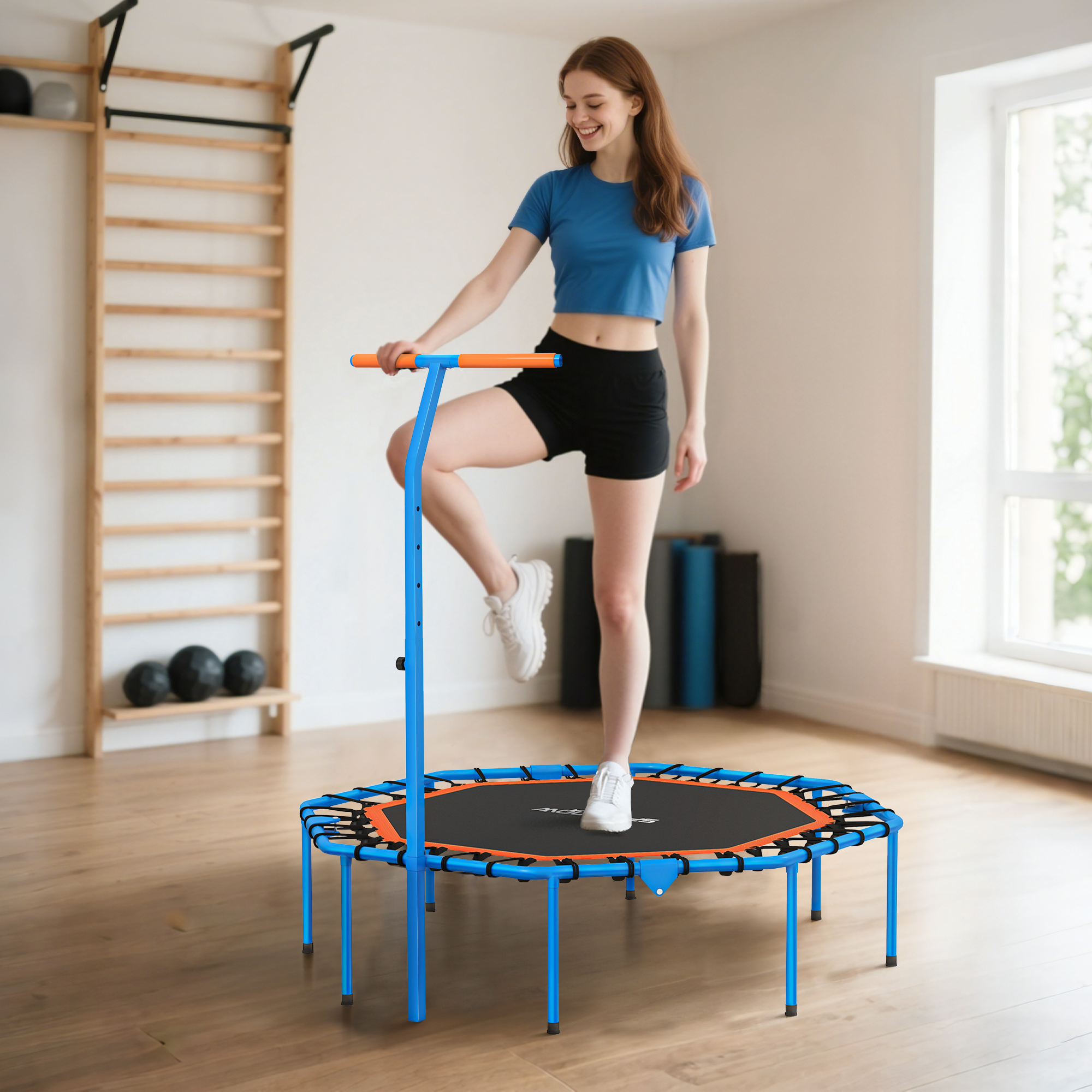 Fitness-Trampolin, Trainingstrampolin mit verstellbarem Haltegriff, stabil und leise, für drinnenf, Stahl, Blau