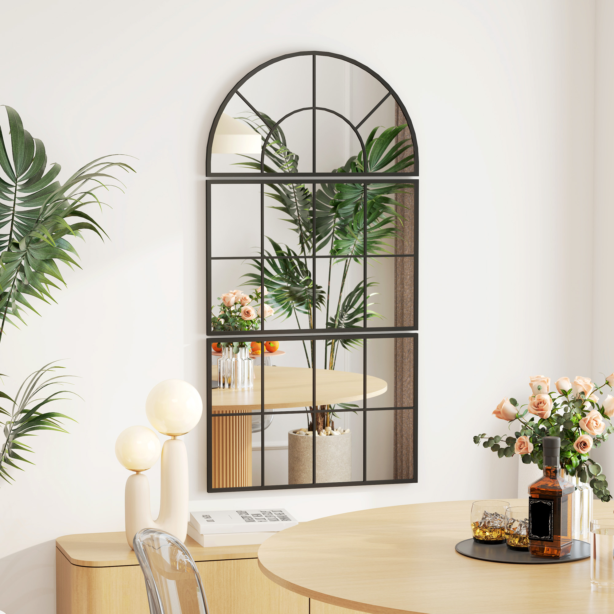 Wandspiegel, Fensterspiegel, dreiteilig, Metallrahmen, 76 x 53 cm, Schwarz