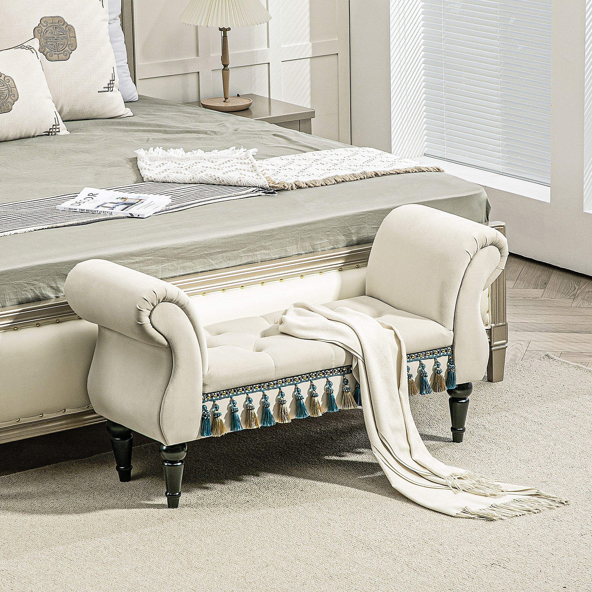 Polsterbank, Sitzbank, Vintage-Design, bis 150 kg, 117x40x58 cm, Beige