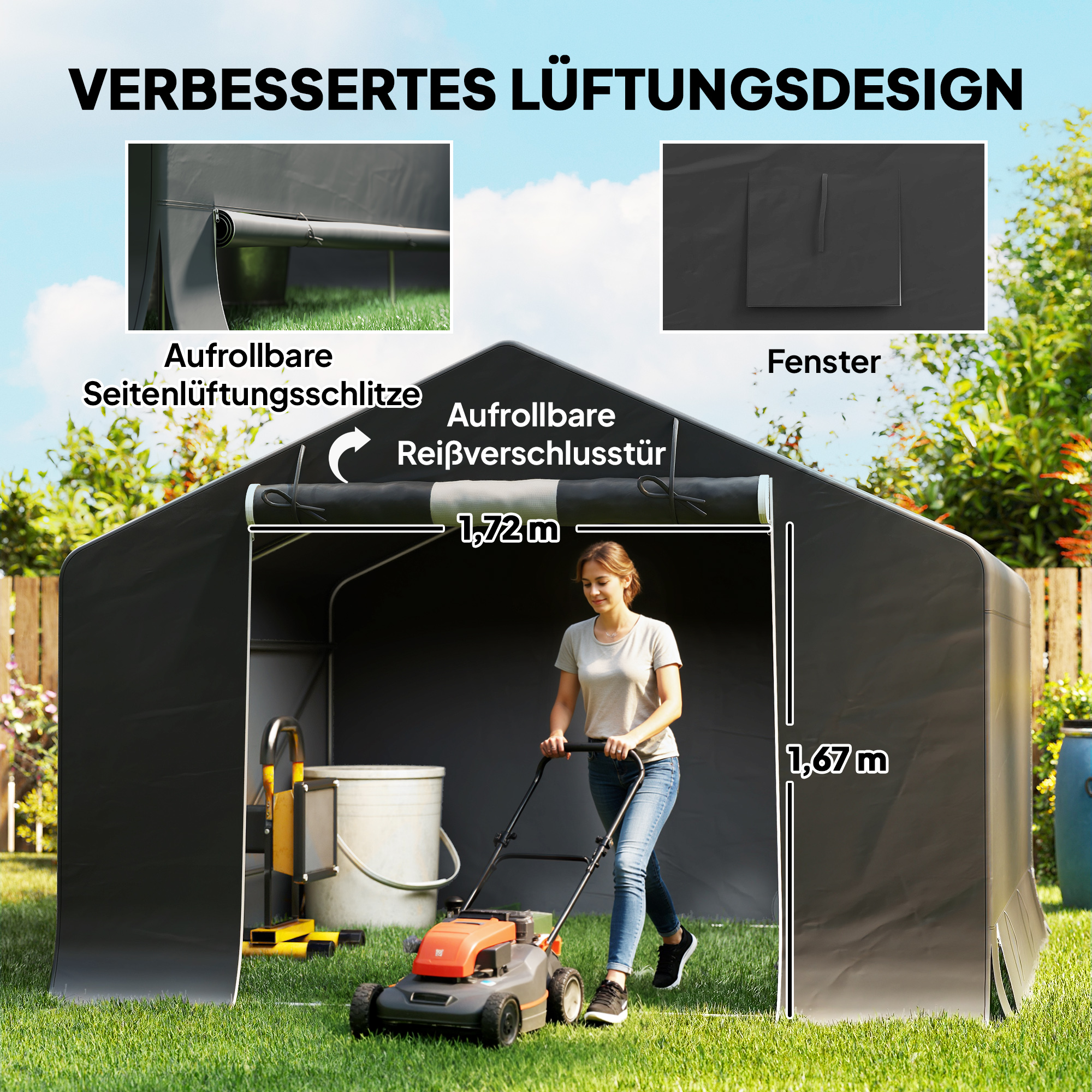 Tragbarer Gartenschuppen, Fahrradzelt, Rolltür mit Reißverschluss, Metallrahmen, vielseitige Aufbewahrung, Dunkelgrau
