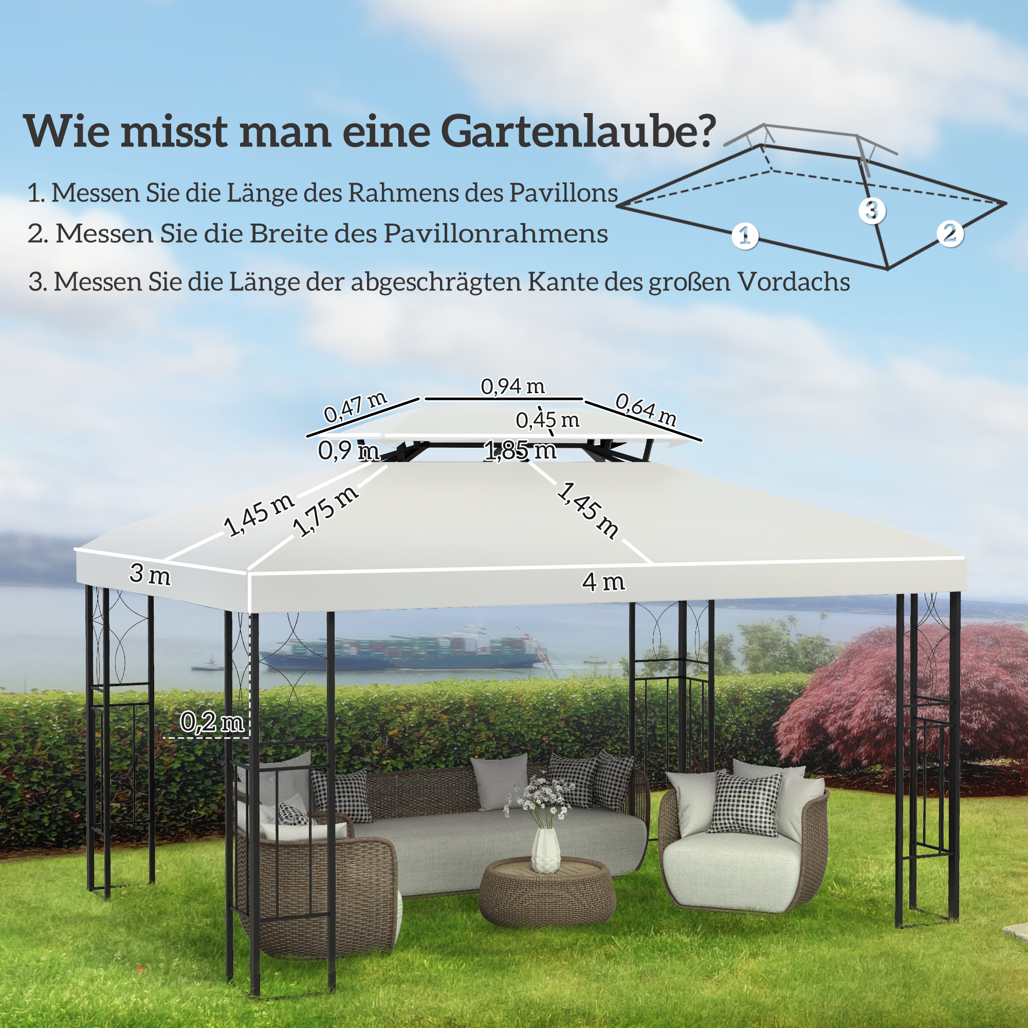Ersatzdach für Pavillon 3 x 4 m wasserabweisend Pavillondach mit Doppeldach Ersatzbezug für Gartenpavillon Ersatzteile aus Polyestet-Stoff Cremeweiß