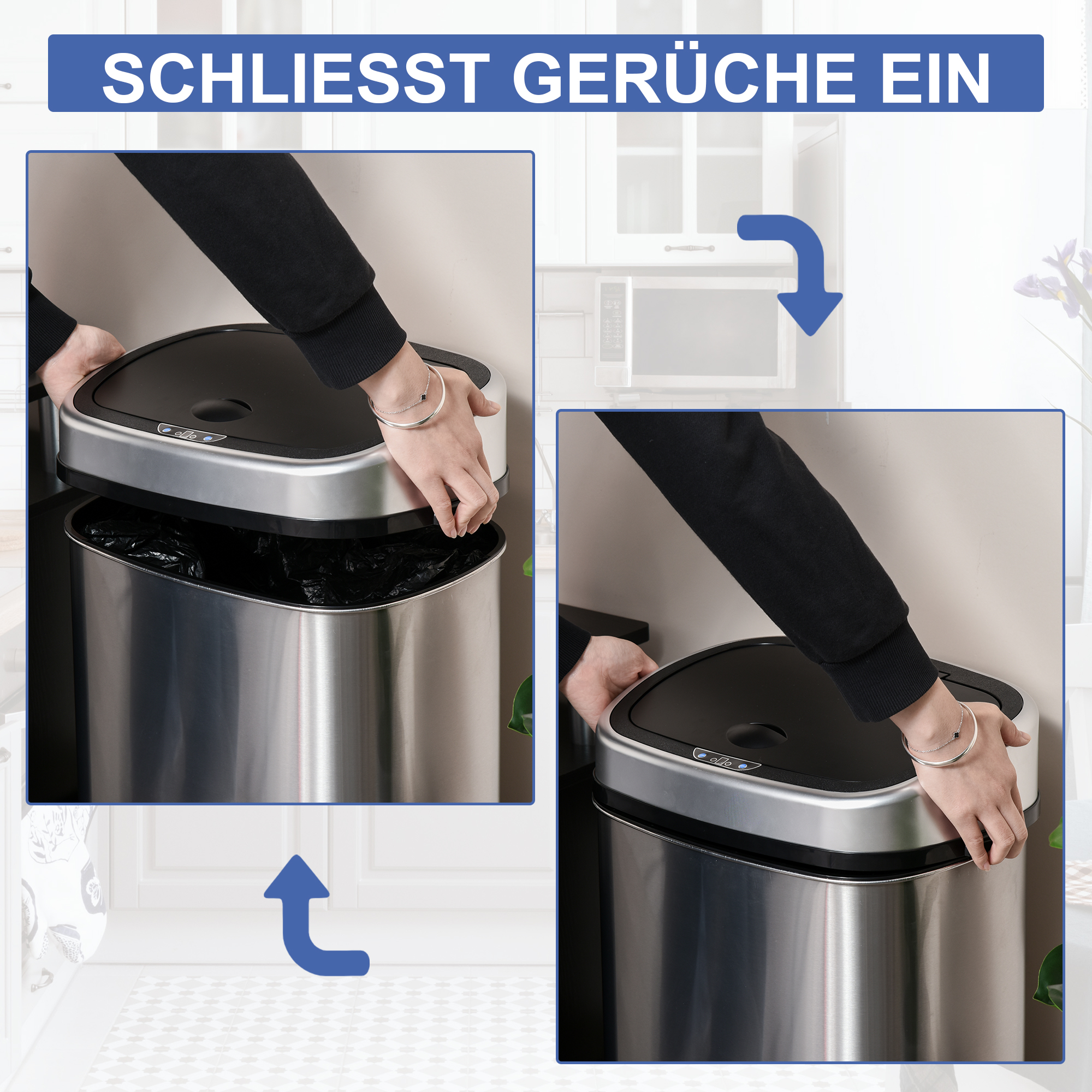 Mülleimer mit Sensor 58L Automatik Abfalleimer mit Bewegungssensor, Wasserdichter Abfallbehälter aus Edelstahl für Küche, Büro, Schlafzimmer Silber