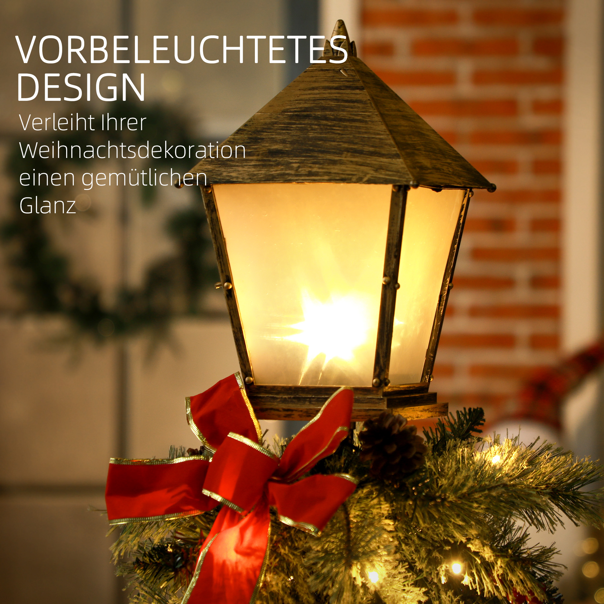 Weihnachtslaterne mit Beeren, Zapfen & Schleife, LED-Lichter, Metallmast, 150 cm