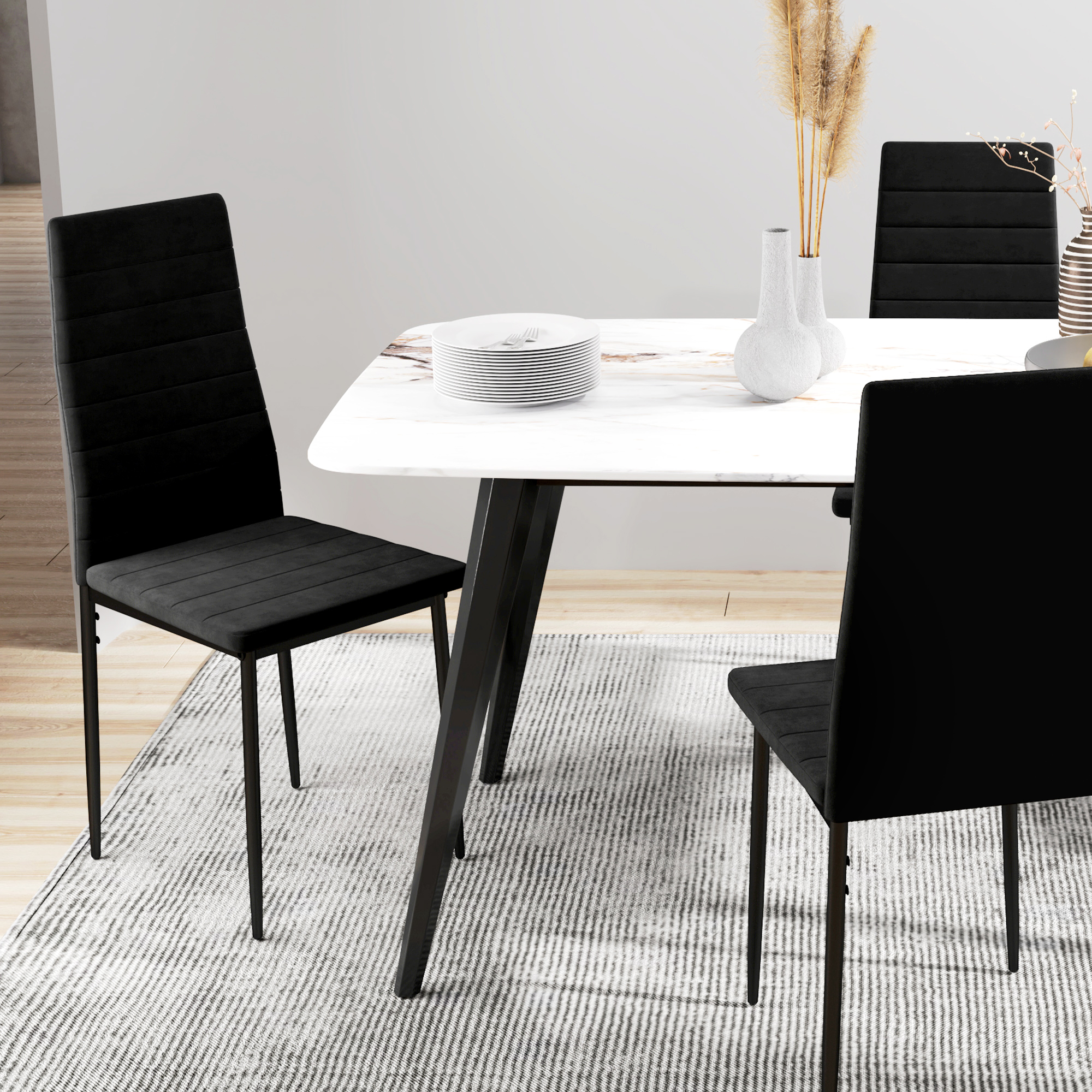 4er-Set Esszimmerstühle, armloses Design, Stoffpolsterung, Metallbeine, Schwarz