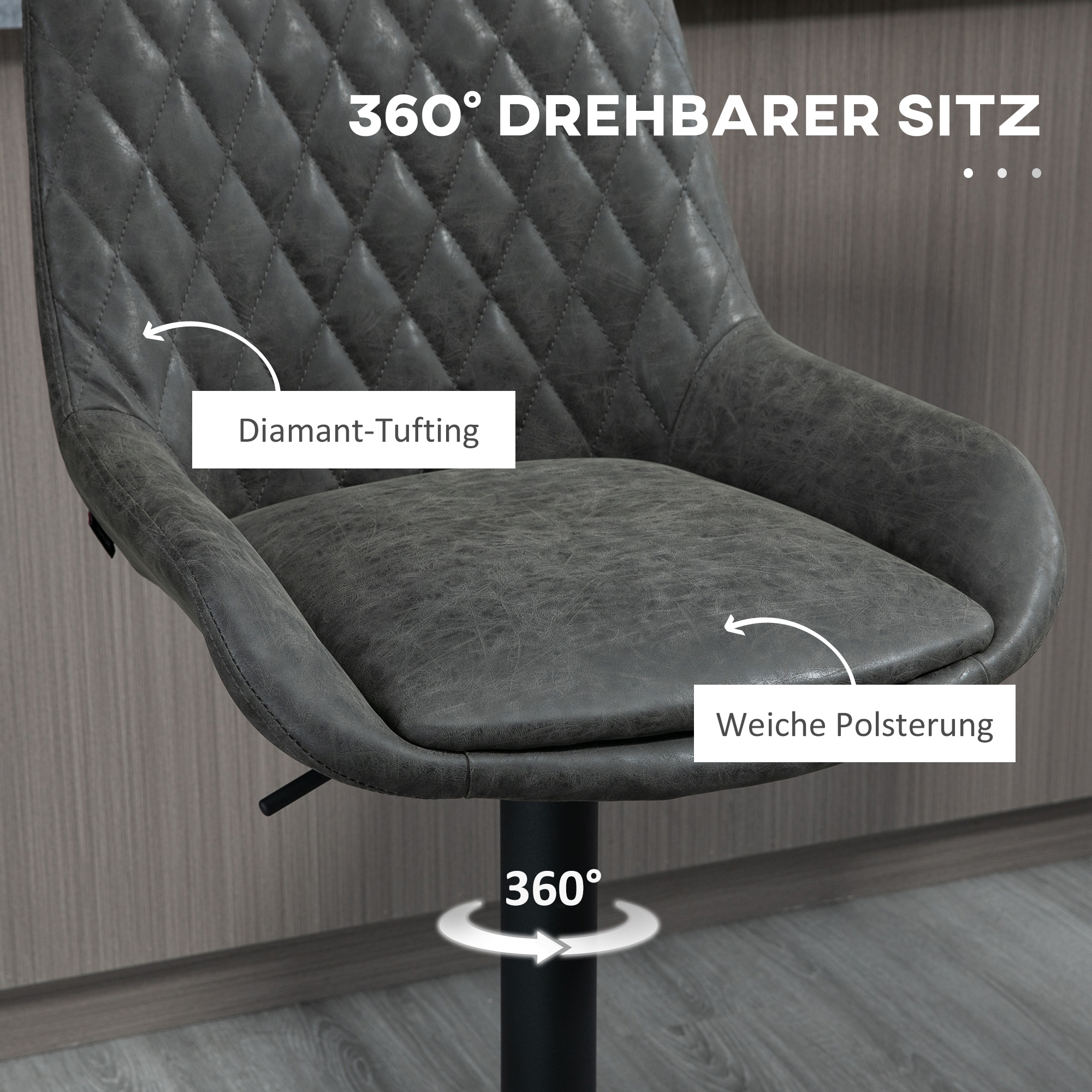 Barhocker Küchenhocker Designhocker, höhenverstellbar, mit Fußstütze, 51 cm x 59 cm x 117 cm, Dunkelgrau + Schwarz