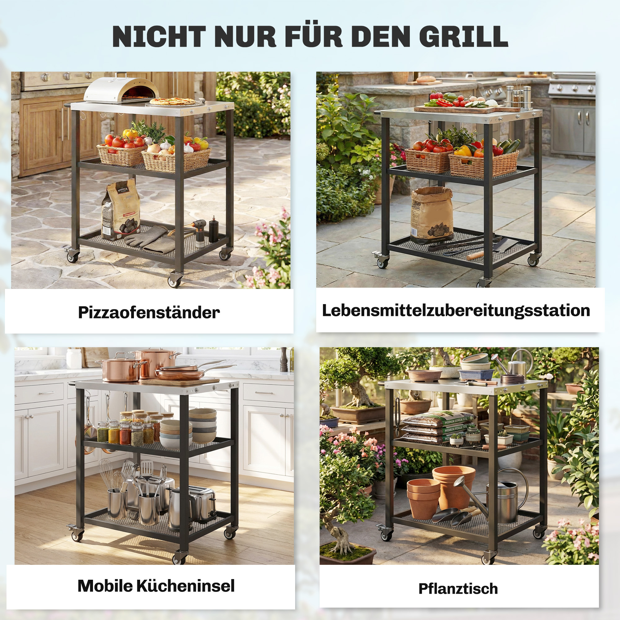Grillwagen 3-Etagen Servierwagen mit Arbeitsfläche verstellbar Ablagen Haken Räder 77 x 51 x 80 cm Schwarz