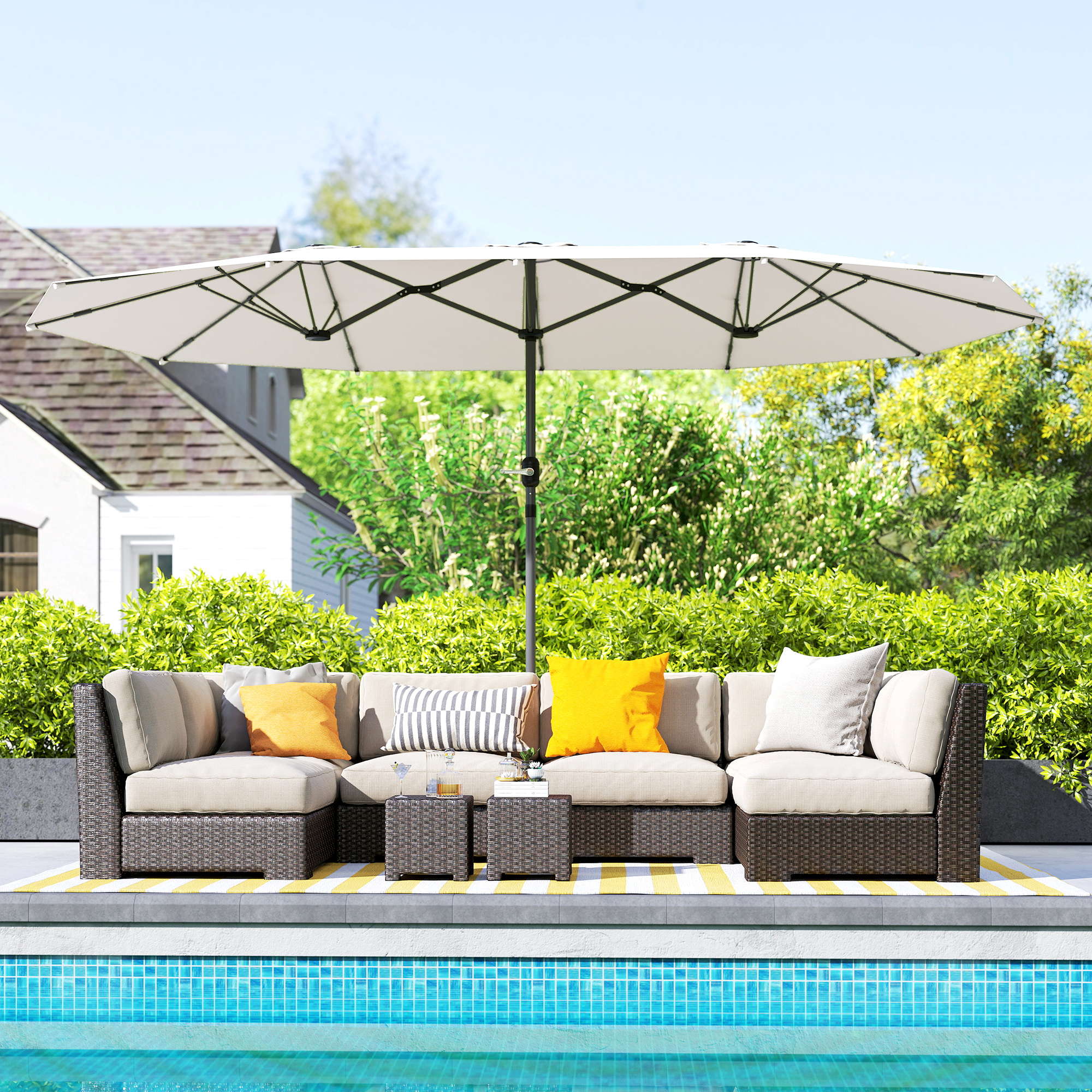 Doppelsonnenschirm 436 x 260 cm, UV Schutz Stahl Sonnenschirm mit Handkurbel, oval Beige