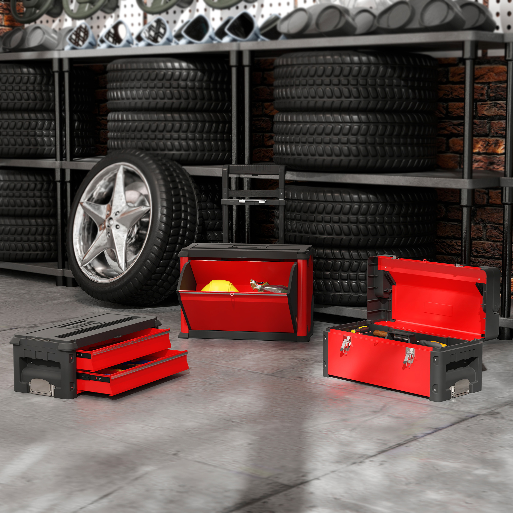 3-stufiges Werkzeugkasten-Set, mit Rädern, ineinandergreifend, Stahl, Kunststoff