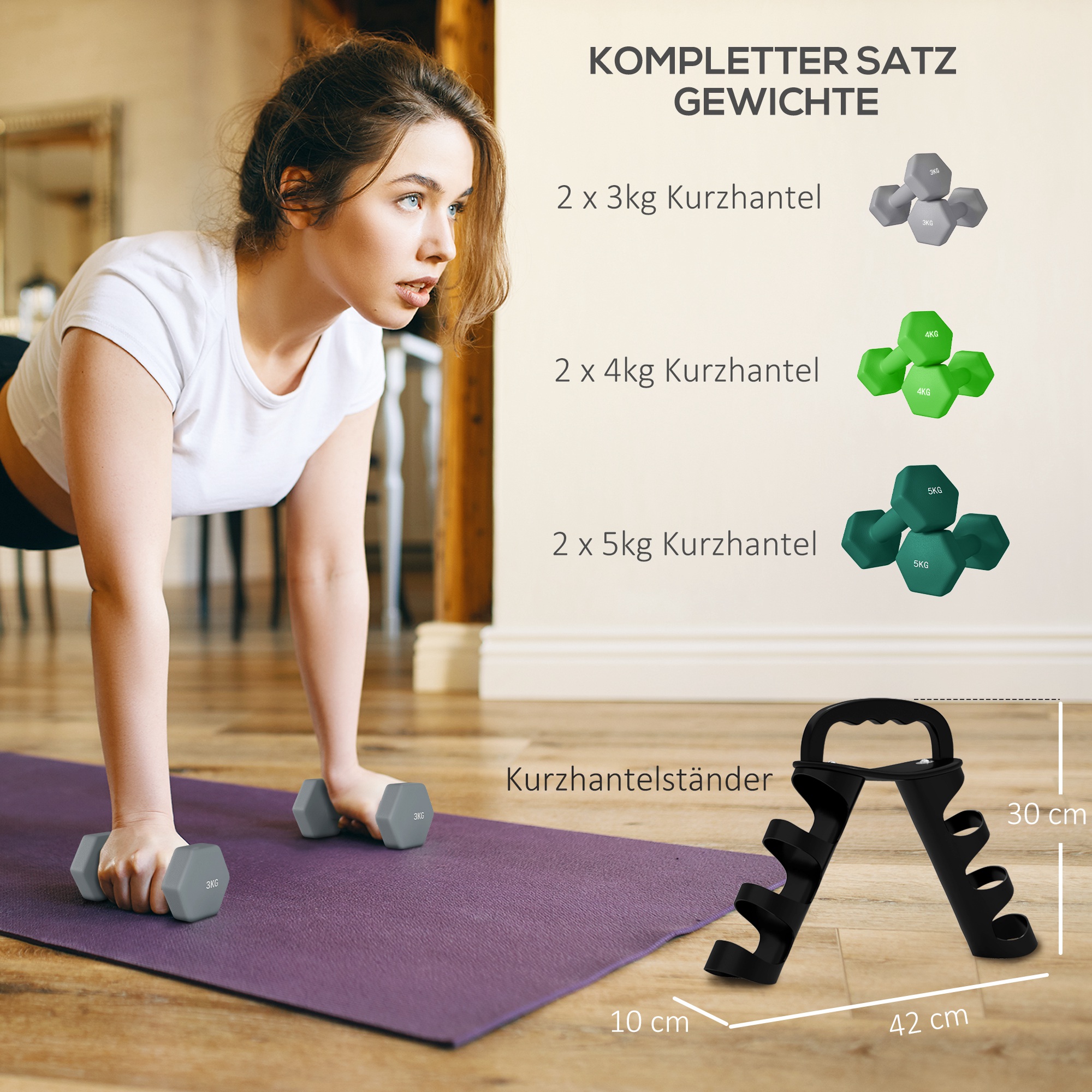 Hantelset mit Aufbewahrungsgestell, Set mit 6 Hanteln für Fitness-Training, 2 x 3kg, 2 x 4kg, 2 x 5kg