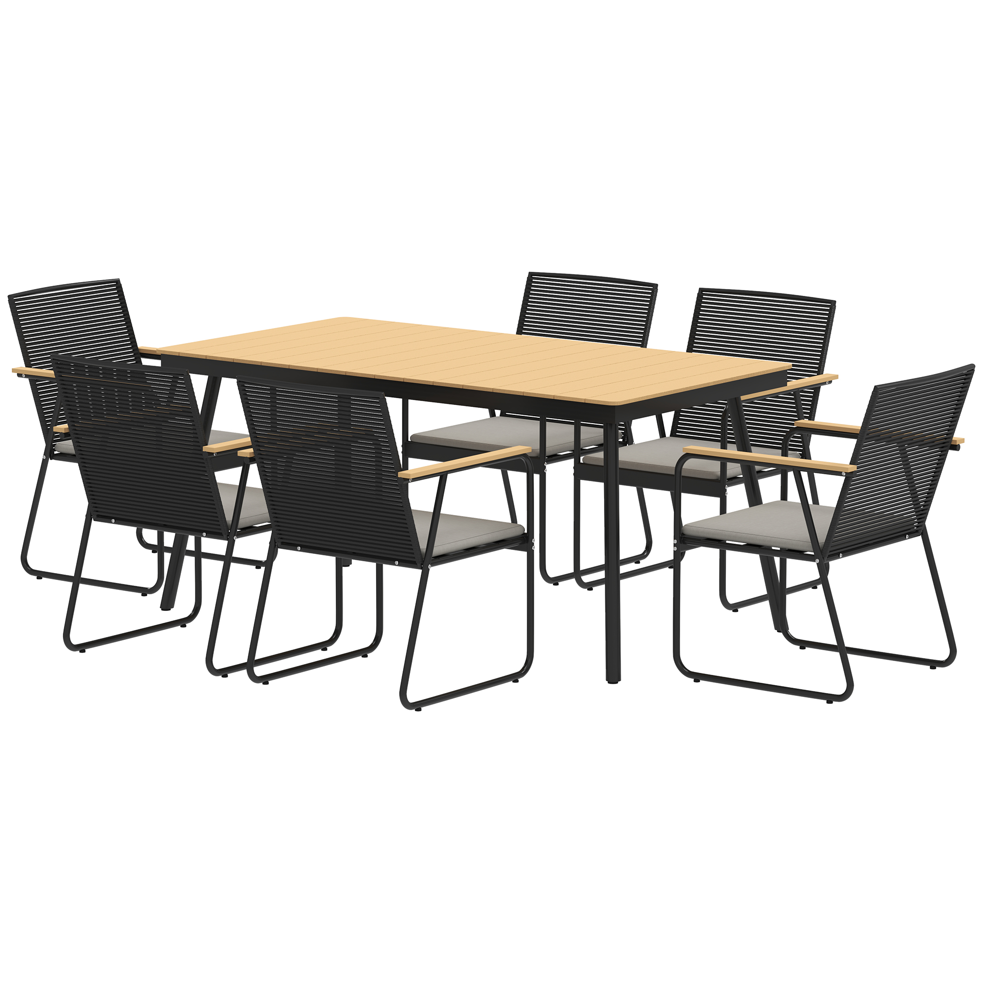 Sitzgruppe 7-teilig Metall Essgruppe für 6 Personen Esstisch mit Tisch 6 Stühlen Esszimmergruppe Naturholz+Schwarz